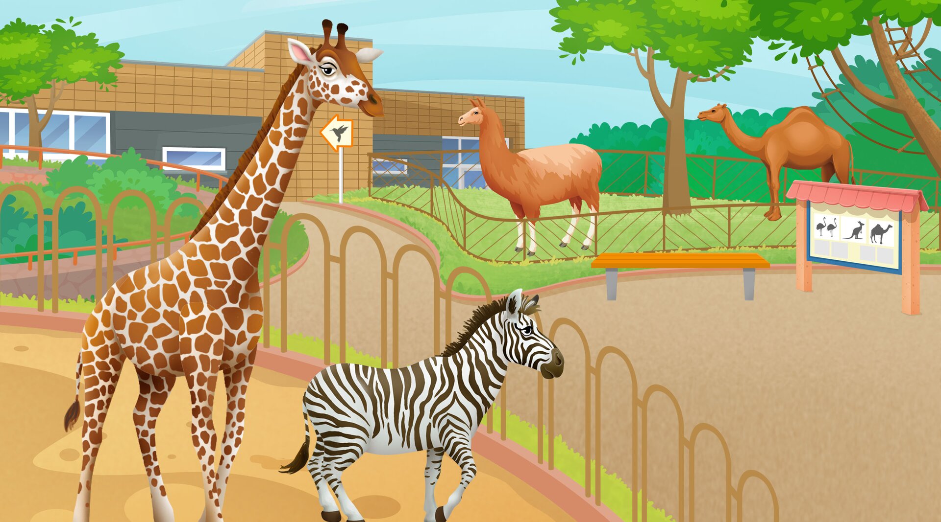 Na ilustracji znajduje się żyrafa, zebra, lama i  wielbłąd.