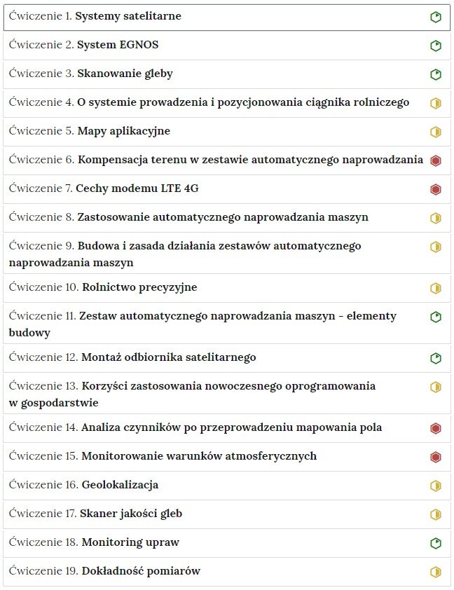 Zdjęcie przedstawia przykładowy wygląd zakładek zawierających interaktywne materiały sprawdzające w harmonii. Składają się one z prostokątnych paneli umieszczonych jeden pod drugim. Każdy panel posiada numer i tytuł, który nawiązuje do zawartego w nim zadania oraz oznaczenie stopnia trudności zadania.