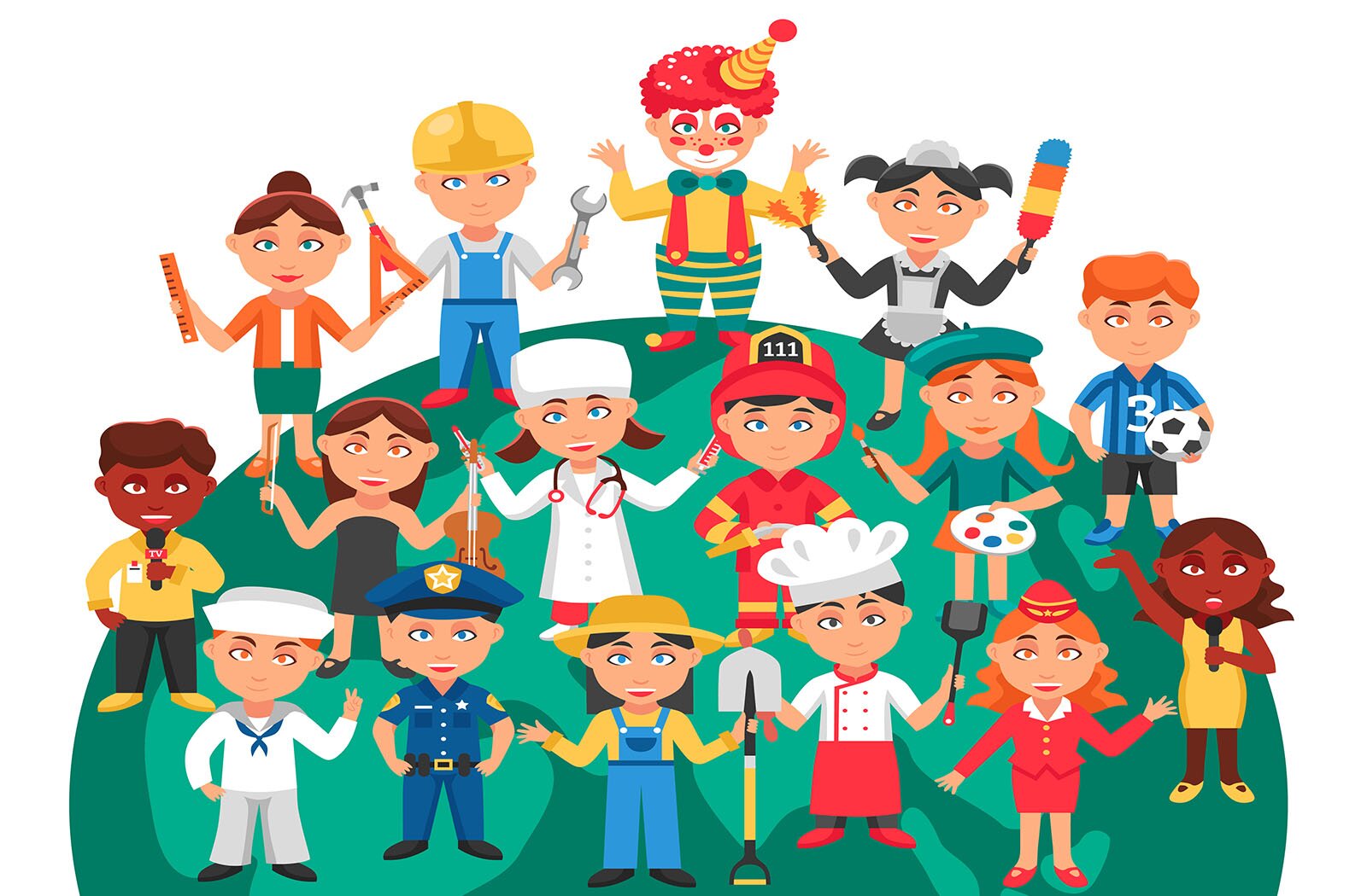 Grafika przedstawia 16 postaci przedstawiających różne zawody. Są tam między innymi klaun, piłkarz, artystka, strażak, lekarz, nauczycielka, marynarz, policjant, rolnik, kucharz.