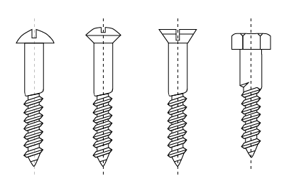 Rysunek przedstawia rodzaje wkrętów do elementów drewnianych. Wyróżnione są wkręty: z łbem półkolistym, z łbem soczewkowym, z łbem soczewkowym z główką płaską, z łbem sześciokątnym.