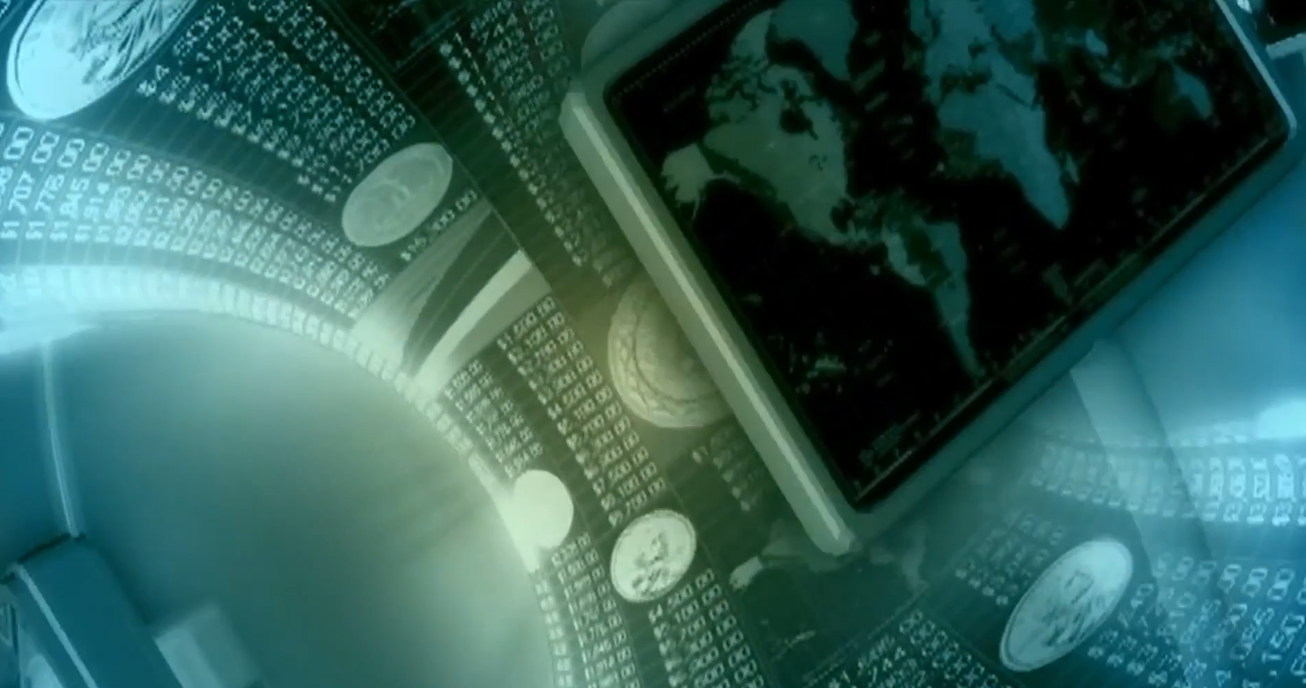 Ilustracja przedstawia kręcące się ekrany prezentujące mapy i pieniądze 