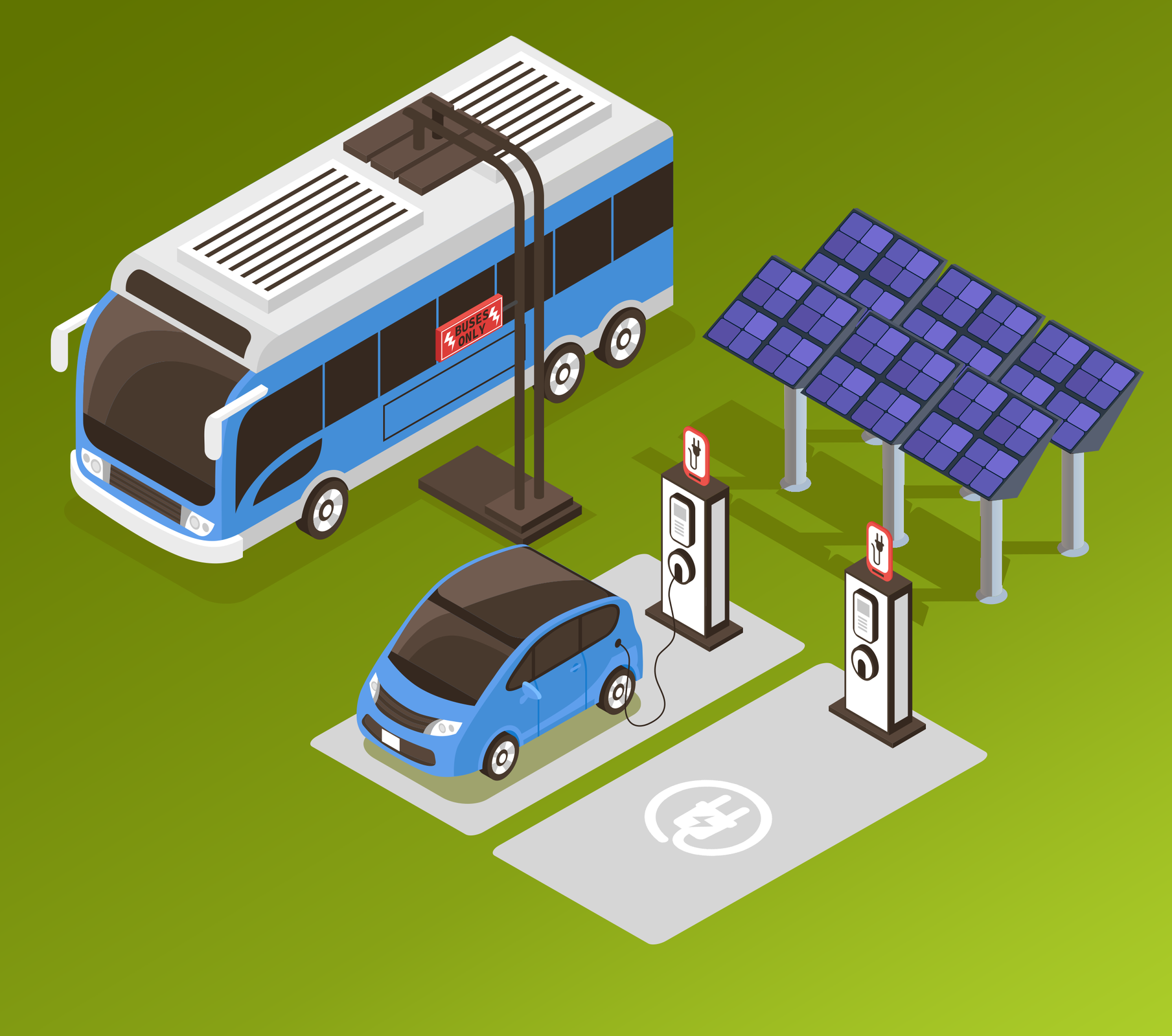 Ilustracja przedstawia nowoczesna stację ładującą akumulatory samochodowe. Samochód osobowy podłączony jest do prądu a autobus ładuje baterie słoneczne znajdujące się na dachu pojazdu. 