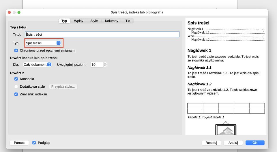 Ilustracja przedstawia okno dialogowe Spis treści, indeks lub bibliografia. Zaznaczono czerwonym prostokątem opcja Typ , w której wybrano Spis treści,.