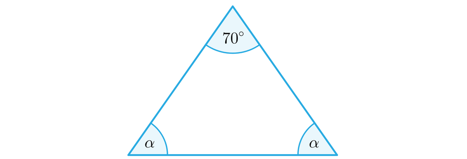Ilustracja przedstawia trójkąt, w którym każdy z dwóch kątów przy podstawie podpisano literą alfa, a kąt między ramionami ma miarę 70 stopni.