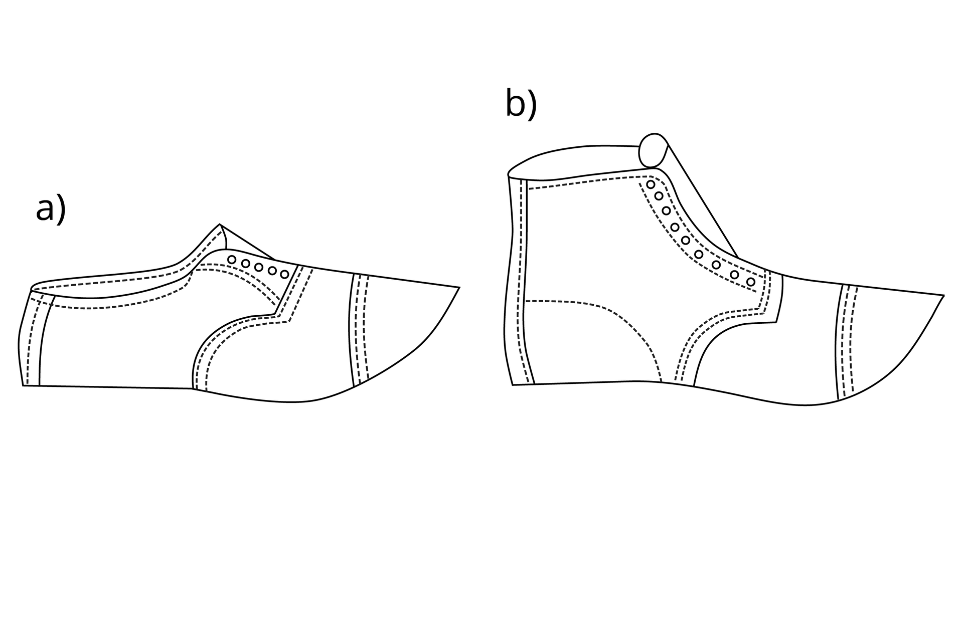 Na grafice są widoczne dwa szkice obuwia. But po lewej stronie jest zakryty, ma niską cholewkę, ostry czubek. But po prawej stronie ma wysoką cholewkę sięgającą do kostki, jest zakryty i ma ostry czubek.