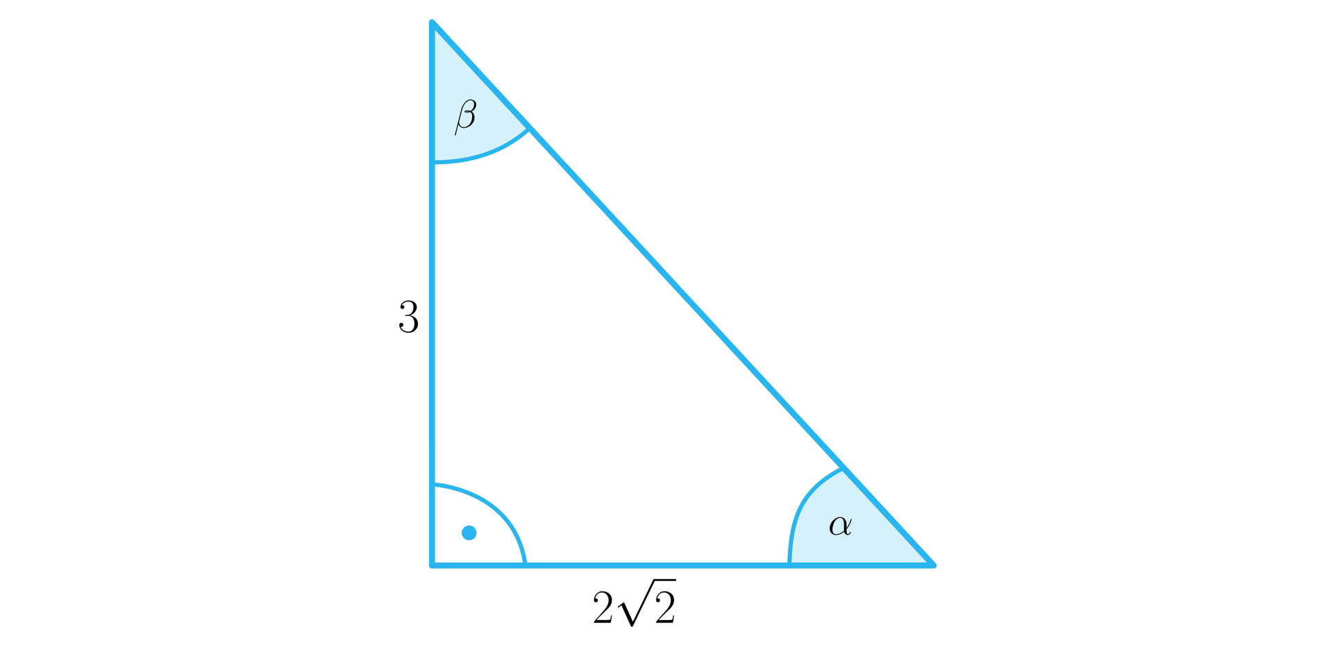 Rysunek przedstawia trójkąt prostokątny o podstawie o długości 22 i o pionowej przyprostokątnej o długości 3. Na rysunku zaznaczono również kąty wewnętrzne trójkąta. Kąt prosty między opisanymi wyżej bokami, kąt α między przeciwprostokątną a podstawą o długości 22 oraz kąt β między przyprostokątną a bokiem o długości 3.