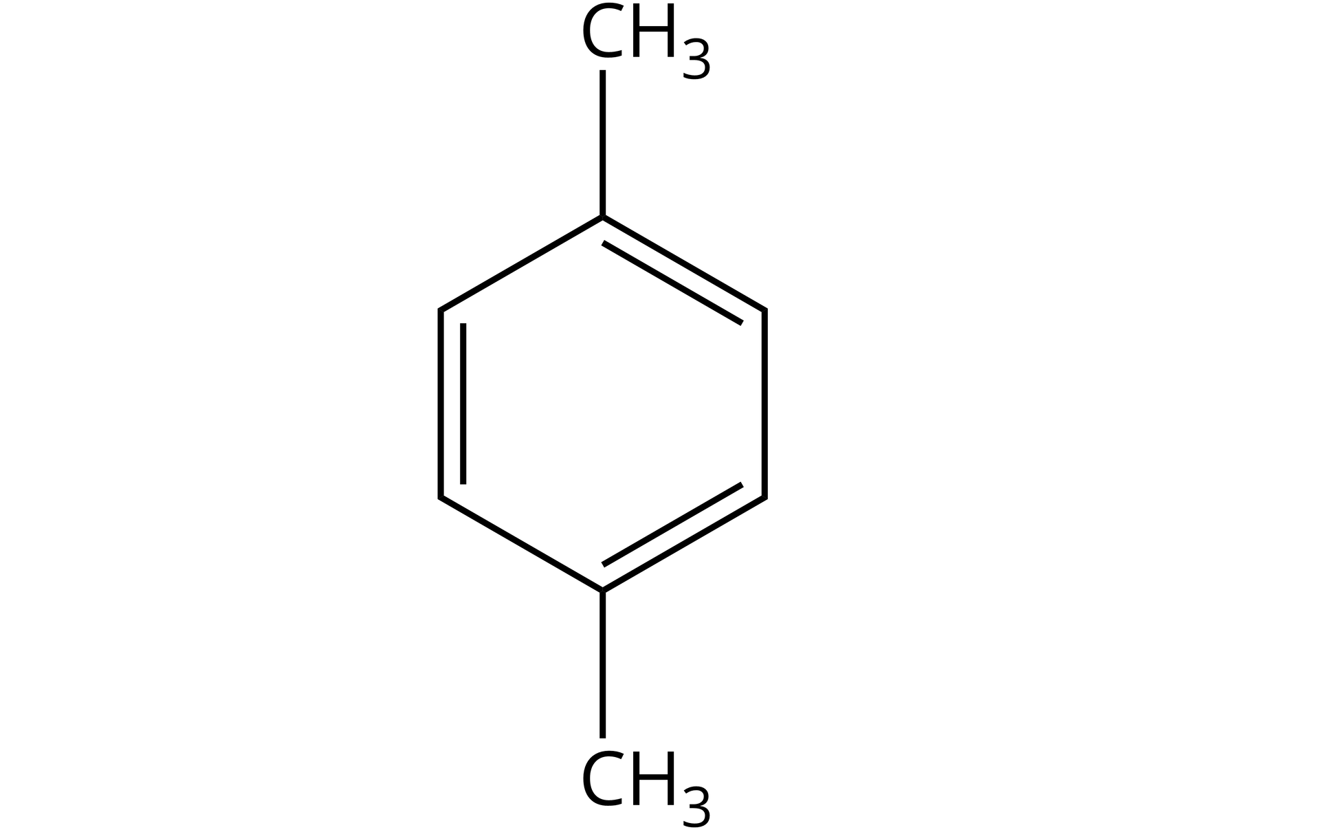 Ilustracja przedstawiająca cząsteczkę 1,4‑dimetylobenzenu, która to zbudowana jest z sześcioczłonowego pierścienia aromatycznego składającego się z sześciu atomów węgla, z których cztery podstawione są atomami wodoru, a dwa grupami metylowymi CH3 w pozycji pierwszej i czwartej.