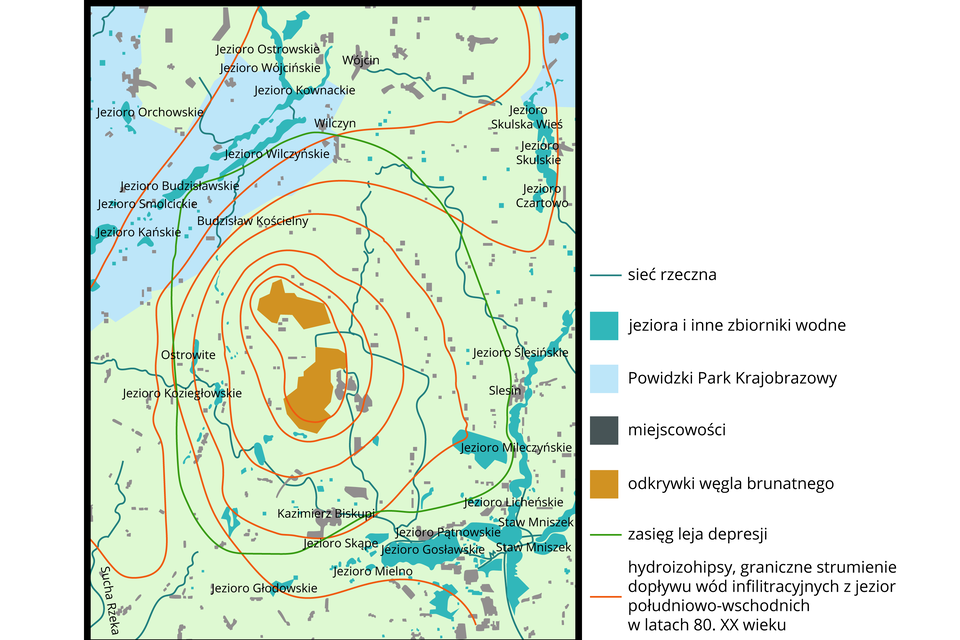 Na mapie zaznaczono zasięg leja depresji wokół odwadnianych odkrywek kopalni Konin. W centralnej części mapy zaznaczono odkrywki węgla brunatnego. Wokół nich zieloną linią zaznaczono zasięg leja. Przebiega on na północy od Wilczyna, Jeziora Wilczyńskiego, Budzisławskiego, na południe w kierunku Jeziora Koziegłowskiego, Kazimierza Biskupiego, Jeziora Mileczyńskiego na południowym‑wschodzie, na północ w kierunku Slesina.  