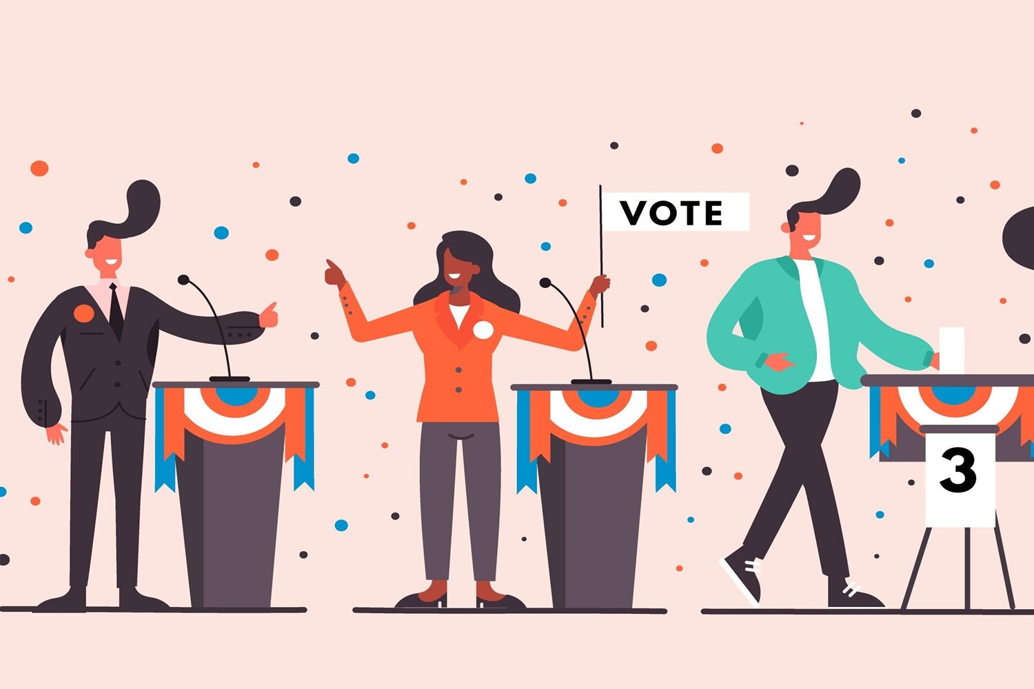 Grafika przedstawia od lewej mężczyznę w ciemnym garniturze, po prawej stronie którego widoczna jest mównica. Lewa ręka mężczyzny jest skierowana w bok, a kciuk podniesiony do góry. W środku widoczna jest kobieta ubrana w czerwony żakiet i ciemne spodnie. Na prawo od kobiety widoczna jest mównica. Kobieta ma obie ręce podniesione, a w lewej dłoni trzyma chorągiewkę z napisem w języku angielskim: VOTE.   Po prawej stronie widoczny jest mężczyzna ubrany w zieloną kurtkę i ciemne spodnie, zwrócony w prawo w kierunku urny wyborczej. Mężczyzna w lewej dłoni trzyma kartkę, którą wrzuca do urny. Na boku urny widoczna cyfra 3. 