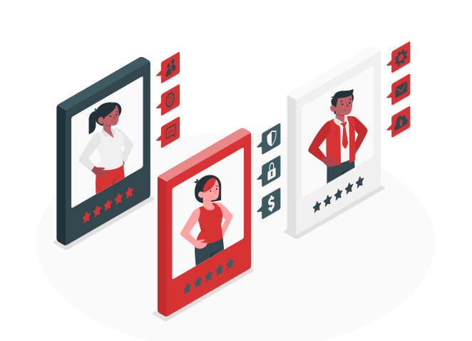 Ilustracja przedstawia trzy ramki, w których znajdują się postacie. Na dole ramek jest 5 gwiazdek. Obok każdej ramki jest symbol np. kłódka, globus, chmurka, zębatka, koperta.