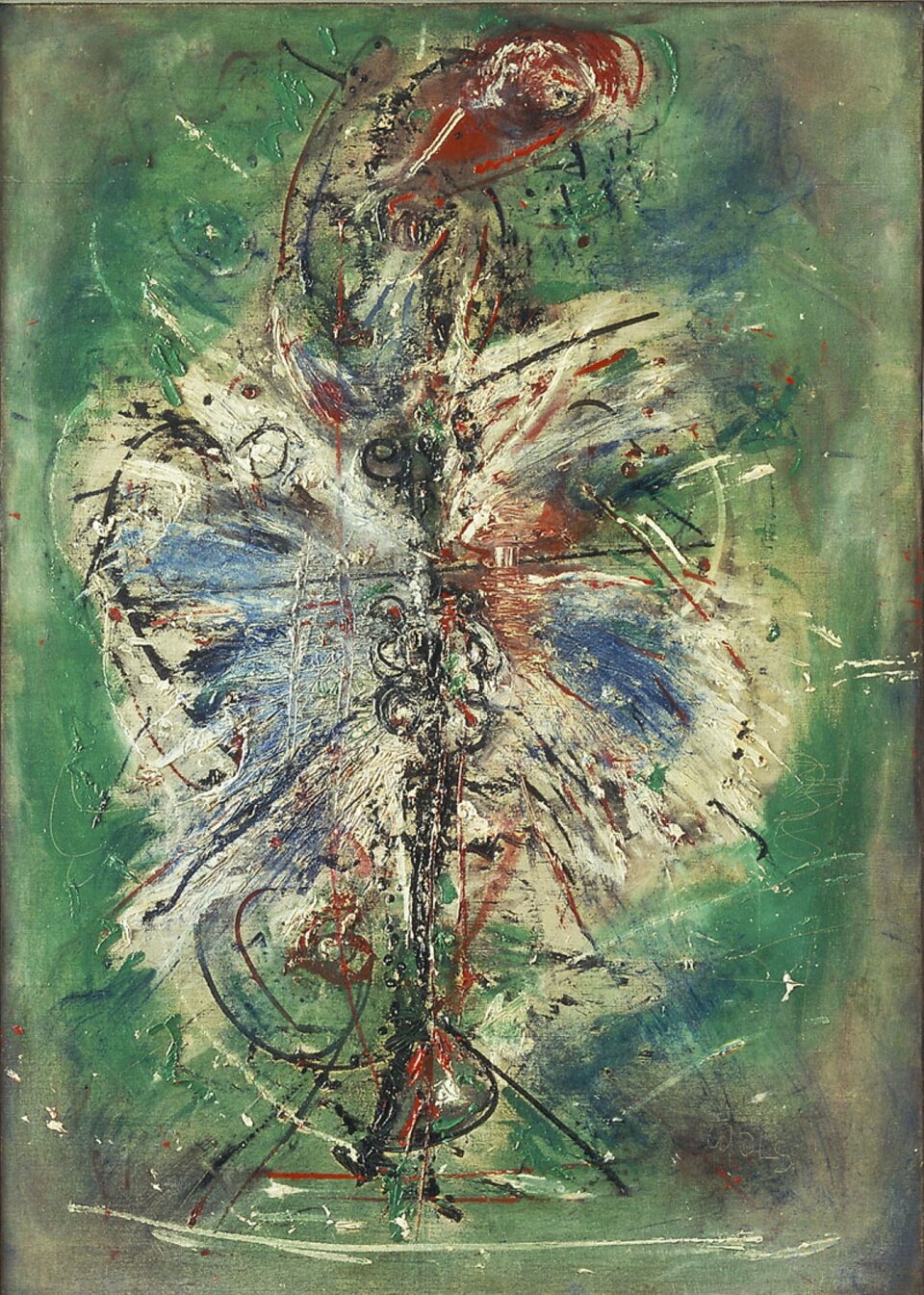Wols, „Ptak”. Obraz wykonano na niejednolitym tle o chłodnych odcieniach z przewagą zieleni oraz koloru niebieskiego. W centrum namalowano biało‑czarno‑niebiesko‑czerwony kształt przypominający ptaka z głową odwróconą w bok. Sylwetka ptaka nie posiada wyraźnych konturów, obecne są nieregularne oraz różnej długości wielokierunkowe pociągnięcia pędzlem. Centralna część dzieła pokryta jest wieloma warstwami koloru, co nadaje jej struktury oraz wielowymiarowości. 