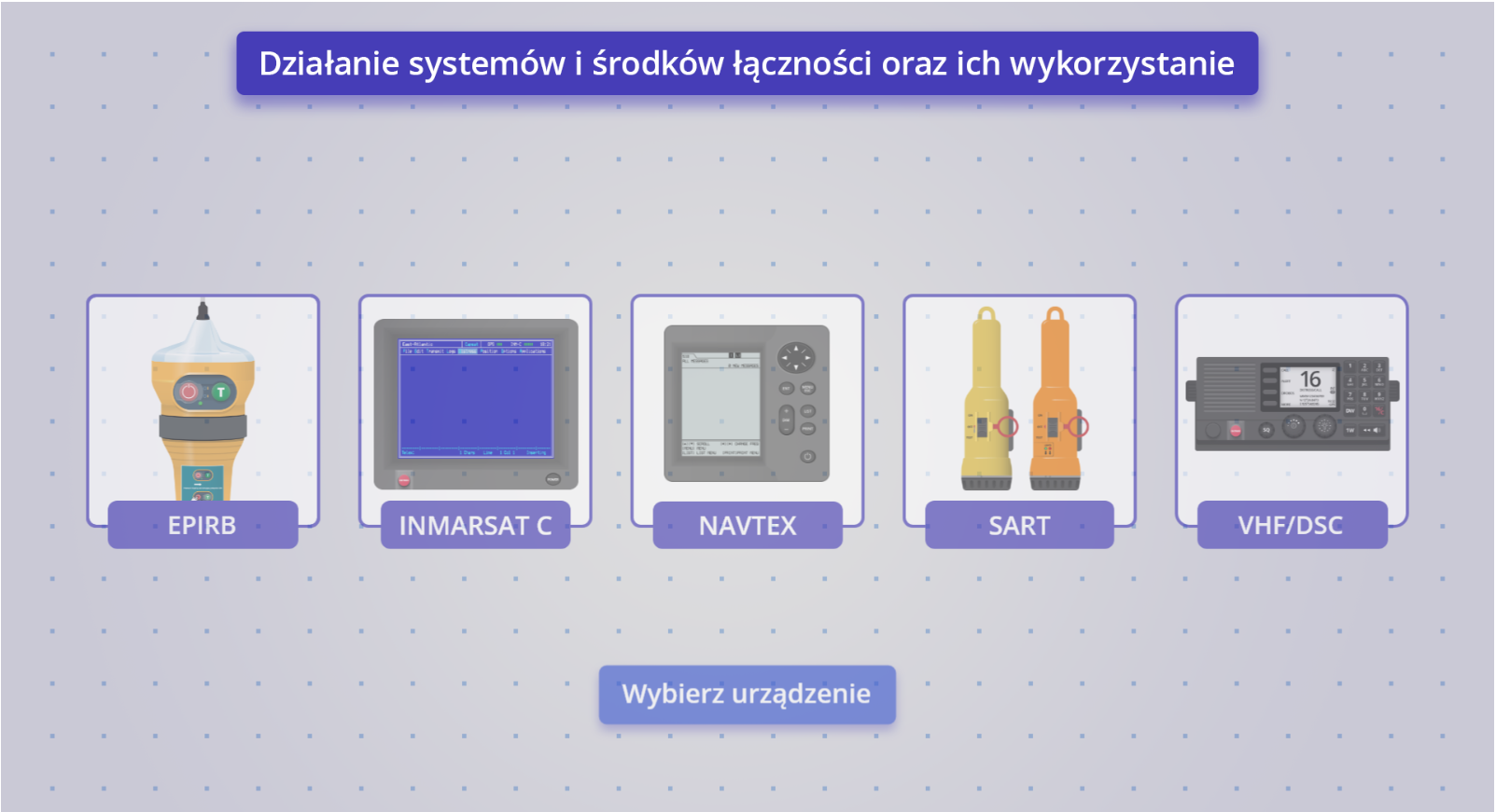 Grafika przedstawia ekran początkowy symulatora z możliwością wyboru urządzenia. W górnej części ekranu widoczny jest tytuł. Brzmi on: działanie systemów i środków łączności oraz ich wykorzystanie. Poniżej widać pięć urządzeń. Są to EPIRB, INMARSAT C, NAVTEX, SART oraz VHF DSC. Poniżej znajduje się przycisk „wybierz urządzenie”, którego kliknięcie zatwierdza wybór urządzenia.