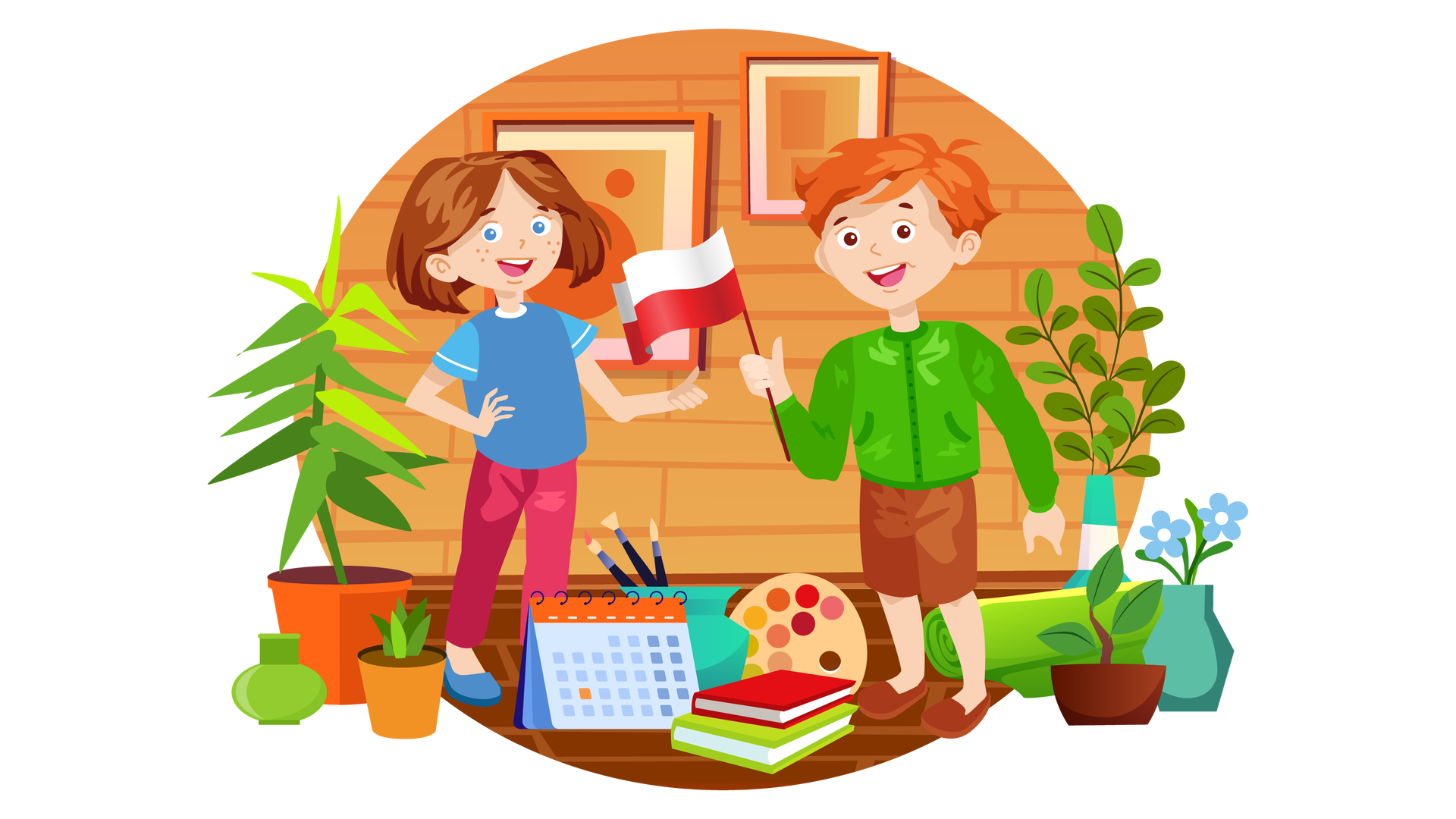 Ilustracja przedstawia pomieszczenie w domu Franka i Mai. W tle widać pomarańczową ścianę, na której wiszą dwa pomarańczowe obrazki w brązowych ramkach. Na drewnianej podłodze znajdują się różne przedmioty. Po lewej stronie stoi duża zielona roślina w pomarańczowej donicy, a obok niej pusty jasnozielony wazon i niewielka zielona roślina w pomarańczowej donicy. Na środku są: niebiesko‑pomarańczowy kalendarz biurkowy, trzy pędzle w turkusowym wazonie, paleta kolorowych farb i dwie książki ułożone jedna na drugiej. Pierwsza książka ma czerwoną okładkę, a druga jasnozieloną. Po prawej stronie stoi zielona roślina w ciemnobrązowej donicy. Za nią leży jasnozielony koc zwinięty w rulon, a obok są dwa jasnoniebieskie kwiaty w turkusowym wazonie oraz trzy gałązki z licznymi zielonymi listkami w wysokim wazonie w biało‑turkusowe pasy. W centralnej części pomieszczenia stoją Maja i Franek. Maja jest ubrana w niebieską koszulkę z krótkimi błękitnymi rękawami, długie ciemnoróżowe spodnie i ciemnoniebieskie buty. Prawą rękę opiera na biodrze, a kciuk lewej dłoni unosi do góry. Franek jest ubrany w zieloną bluzę z długimi rękawami, krótkie brązowe spodnie i brązowe buty. W prawej dłoni trzyma niewielką biało‑czerwoną flagę Polski.