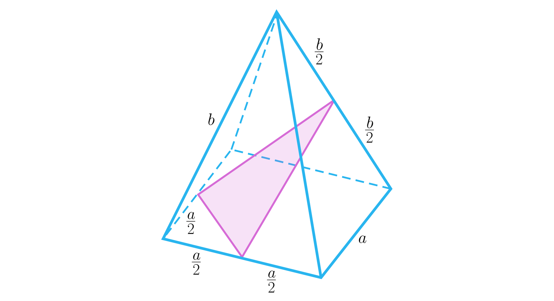 Na rysunku przedstawiono ostrosłup prawidłowy czworokątny z przekrojem ukośnym. Ostrosłup ma krawędź boczną o długości b i krawędź  podstawy o długości a. Przekrój bryły jest trójkątem rozpiętym na odcinku łączącym dwie krawędzie podstawy,  które mają wspólny wierzchołek. Odcinek ten jest równoległy do przekątnej podstawy, ale jest krótszy. Łączy on środki dwóch wspomnianych krawędzi podstawy.  Górny wierzchołek trójkąta znajduje się na przeciwległej krawędzi bocznej i dzieli ją na pół.