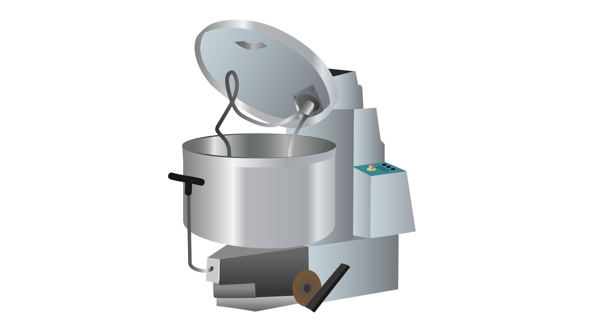 Grafika przedstawia miesiarkę kątową. Widoczna jest miesiarka zbudowana ze srebrnej, walcowatej dzieży, nad którą widoczna jest okrągła pokrywa, do której przytwierdzona jest końcówka robocza. Całość jest osadzona w obudowie w kolorze srebrnym. W dolnej części, pod dzieżą widoczna jest rączka służąca do podnoszenia i obniżania dzieży. 