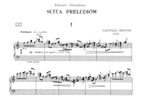 Strona z zapisem nutowym utworu „Suita preludiów I” skomponowanego przez Kazimierza Serockiego w 1952 roku, zawierająca pięciolinię z nutami, oznaczeniami tempa i dynamiki oraz tytuł utworu na górze strony.