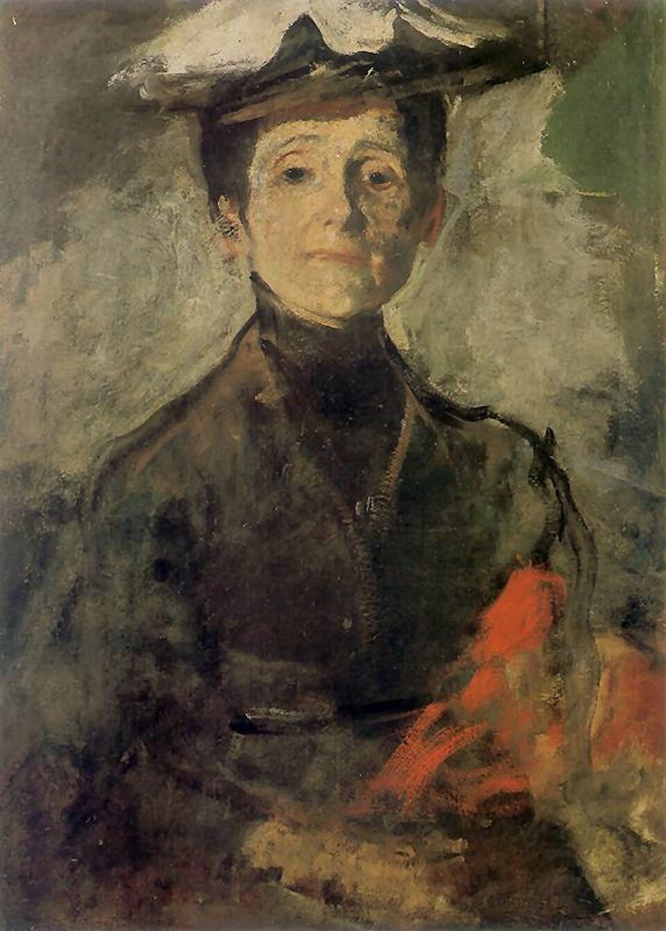 Ilustracja o kształcie pionowego prostokąta przedstawia „Autoportret z kwiatami” Olgi Boznańskiej.  Ukazuje  artystkę  w kapeluszu na głowie, żakiecie i ciemnym golfie. Twarz ma zwróconą w stronę widza, widać na niej powagę, ale także delikatny półuśmiech.  W dłoniach  trzyma czerwone kwiaty. Za postacią znajduje rozmyte  tło w odcieniach zieleni. 