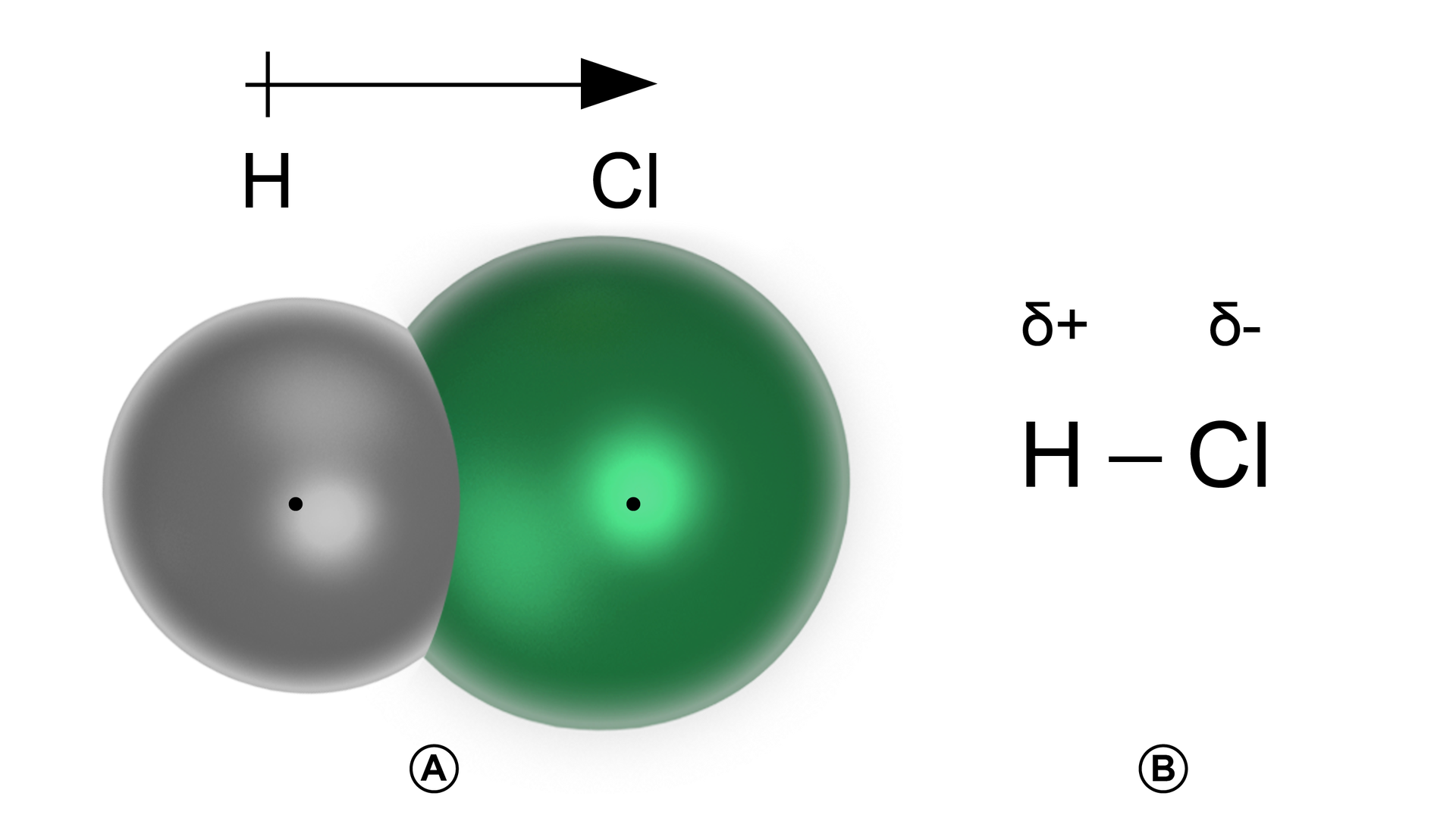 Ilustracja przedstawiająca nierównomierny rozkład gęstości elektronów w cząsteczce chlorowodoru HCl. Cząsteczka przedstawiona jest w modelu kulkowym tak, że atom wodoru stanowi szarą kulkę przylegającą do kulki zielonej symbolizującej atom chloru. Gęstość elektronowa jest większa w obrębie atomu chloru niż wodoru, co symbolizuje strzałka poprowadzona od atomu wodoru do atomu chloru. Obok wzór cząsteczki H wiązanie pojedyncze Cl wraz z zaznaczonymi ładunkami cząstkowymi delta plus nad atomem wodoru oraz delta minus nad atomem chloru.