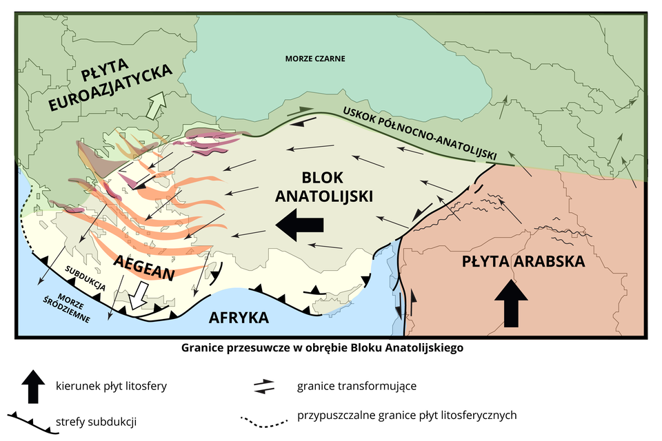 Na mapie zaznaczono Blok Anatolijski. Od wschodu graniczy on przez transformacyjny uskok wschodnioanatolijski z płytą arabską. Na południu i południowym zachodzie graniczy konwergentnie z płytą afrykańską. Od zachodu graniczy z płytą egejską, od północy poprzez uskok północnoanatolijski z właściwą płytą euroazjatycką. Na południu Bloku Anatolijskiego zaznaczono strefę subdukcji. Granice transformujące są na styku bloku i płyty arabskiej oraz na północy bloku. Kierunek płyt litosfery zaznaczono od płyty arabskiej, przez Blok Anatolijski, na południe po Morze Śródziemne.  