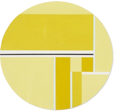 Ilya Bolotowsky, „Żółte tondo”. Dzieło przedstawia żółte koło na jednolitym, jasnym tle. Koło składa się z różnych, nierównomiernie rozłożonych elementów geometrycznych. Obecne są pionowe oraz poziome białe oraz czarne linie i prostokąty w jasnożółtych odcieniach. Kształty te stanowią również obrzeża koła, przez którego środek biegnie czarna linia, która urywa się, nie dochodząc do jego krawędzi z prawej strony. 