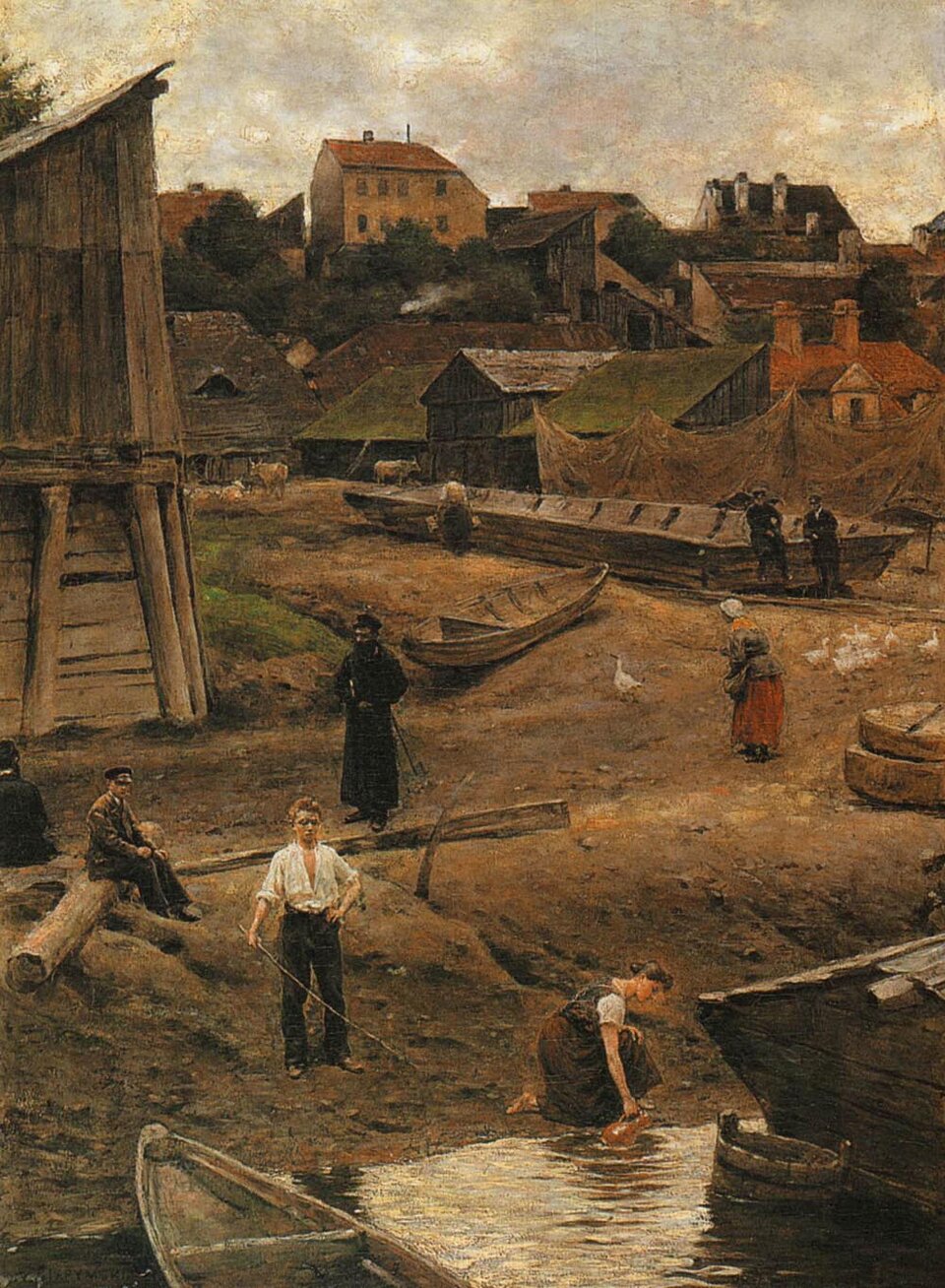 Obraz przedstawia scenę z życia  codziennego  biednych mieszkańców portowej dzielnicy Warszawy. Na pierwszym planie  nad brzegiem rzeki przykuca kobieta, która nabiera wodę do glinianego dzbana. Tuż za nią, po lewej stronie, stoi mężczyzna trzymający wędkę. Dalej znajdują się drewniane belki. Wokół nich zbierają się ludzie. Po lewej stronie na drewnianej kłodzie siedzi mężczyzna odziany w brązowy strój, za nim znajduje się postać w czerni. Za mężczyzną z wędką stoi mężczyzna w typowym stroju żydowskim - ma długą czarną szatę, czarną czapkę z daszkiem i długą czarną brodę. Po prawej stronie znajduje się  kobieta wypasającą gęsi. W dali widać dwóch mężczyzn w czerni. Jeden z nich siedzi na krawędzi łodzi, a drugi stoi. Na drugim planie znajdują się liczne zabudowania. Są one rozmieszczone bardzo chaotycznie. Przed domami, w centralnej części obrazu, stoi wielkie koryto, do którego rybacy wrzucają złowione ryby. Obok rozłożone są sieci. W stronę zabudowań zmierza kobieta, która prawdopodobnie niesie wodę. Za niskimi domami, które są częściowo drewniane, widoczne są wyższe zabudowania czy też kamienice. Nad wszystkim góruje pokryte ciężkimi chmurami niebo. Ostatnie promienie słońca zmierzającego ku zachodowi ledwo przebijają się przez ich gęste warstwy.  Na obrazie dominują stonowane ciepłe barwy.
