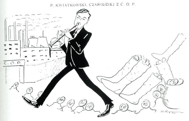 Na środku narysowanej odręcznie ilustracji przedstawiony jest elegancko ubrany mężczyzna grający na flecie. Ma on na sobie marynarkę. Za nim znajdują się kalosze, z których wysypują się monety. Są one poustawiane w rzędzie i podążają do narysowanej bramy do Centralnego Okręgu Przemysłowego. Za bramą narysowane są zabudowania fabryczne. U góry ilustracji znajduje się napis „P. Kwiatkowski, czarodziej z C. O. P.” 