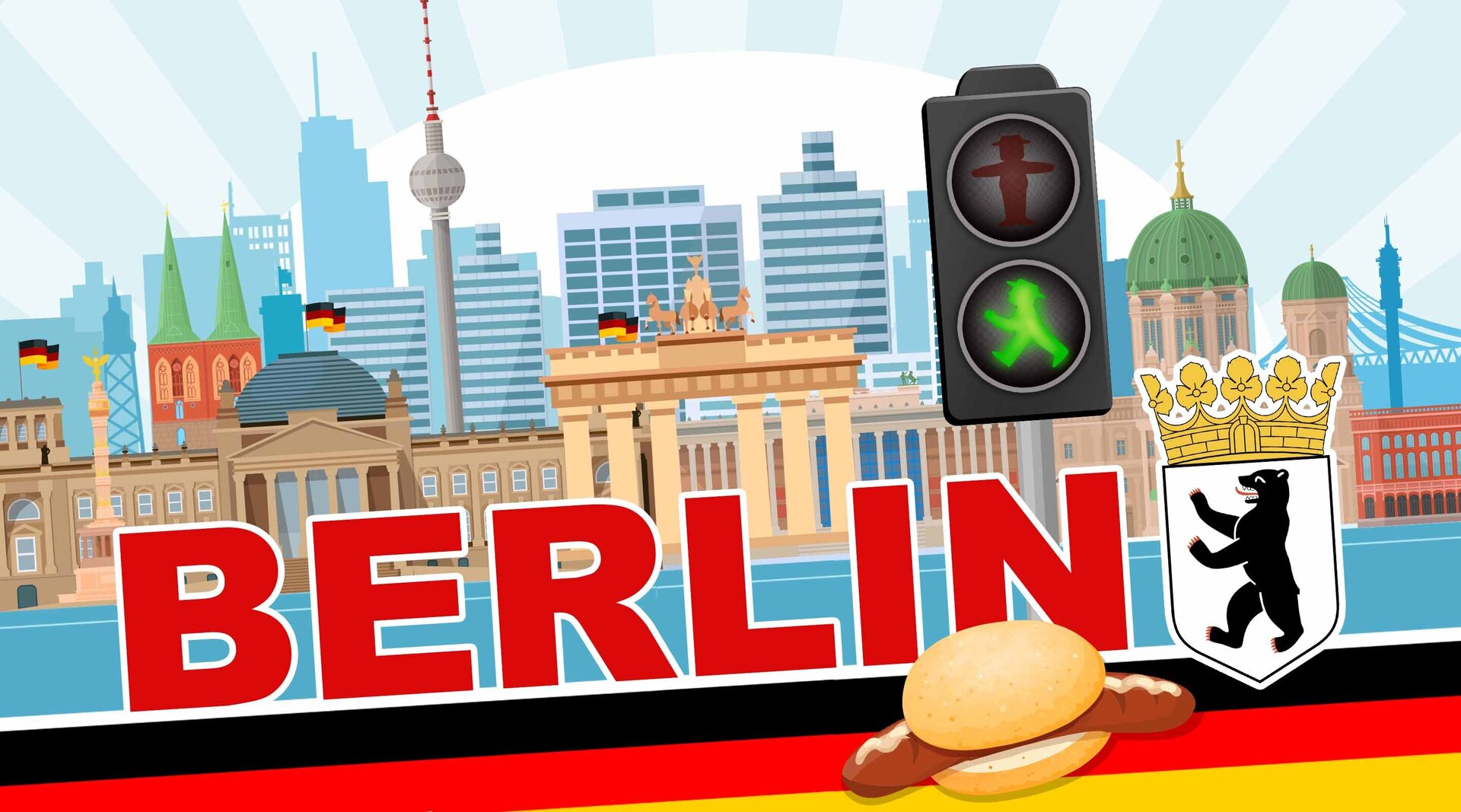 Ilustracja składa się z najbardziej rozpoznawalnych symboli i budynków Berlina, takich jak Brama Brandenburska, gmach parlamentu, wieża telewizyjna, zielony ludzik na sygnalizacji ulicznej, kiełbasa w bułce. Na dole znajduje się duży napis "Berlin", a obok herb miasta. 