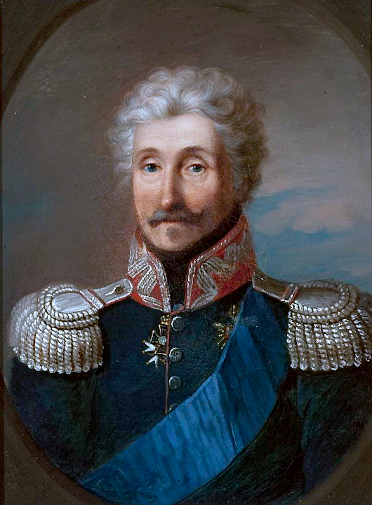 Obraz przedstawia portret dojrzałego mężczyzny w generalskim mundurze. Mężczyzna ma pociągła twarz i bujne, półdługie, falujące, siwy włosy. Oczy mężczyzny są duże, głęboko osadzone, nos prosty. Mężczyzna ma wąsy. Mundur mężczyzny jest ciemnoniebieski, ze stójką. Na ramionach widać zdobne, srebrne epolety. Mężczyzna jest przepasany szeroką, niebieską szarfą.