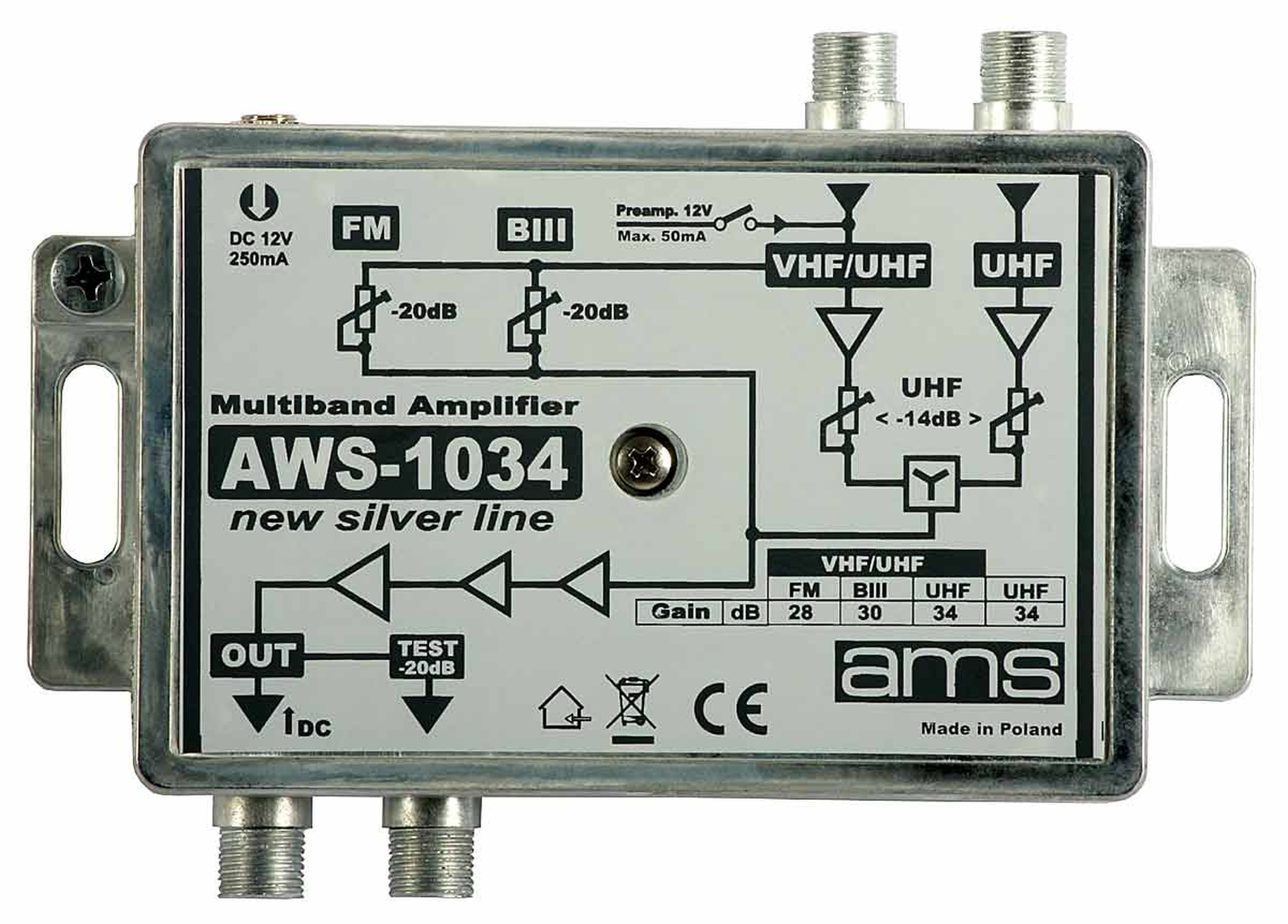 Ilustracja przedstawia wzmacniacz antenowy. Jest to urządzenie, które wzmacnia sygnał z anteny. Ma kształt prostopadłościanu i ma po dwa wejścia na górze i na dole. Na tabliczce znajdują się informacje o producencie i techniczne dane urządzenia. Na korpusie widoczne są napisy UHF, UHF/VHF, rysunek i napisy, które informują o sile wzmacniania lub redukcji sygnału w określonych pasmach częstotliwości.
