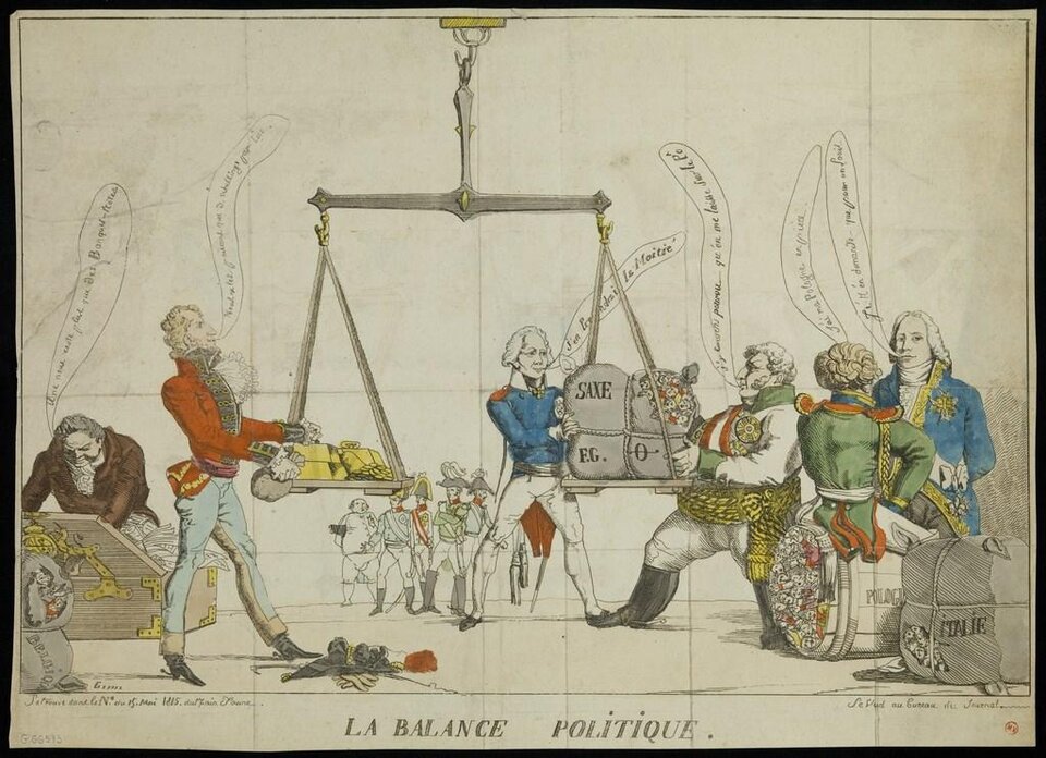 Na ilustracji twórcy i strażnicy zasady równowagi politycznej: car Rosji Aleksander I, król Prus Fryderyk Wilhelm III, Arthur Wellington, Charles‑Maurice de Talleyrand‑Périgord, Klemens von Metternich, i Nicholas Vansittart w sposób symboliczny, przy wadze, dokonują nowego podziału politycznego Europy. Na jednej szali złoto, na drugiej ludzie opakowani w paczki. Na ziemi ludzie w beczce. Pozostali uczestnicy spotkania w oddali, pozbawieni wpływu na jego los.