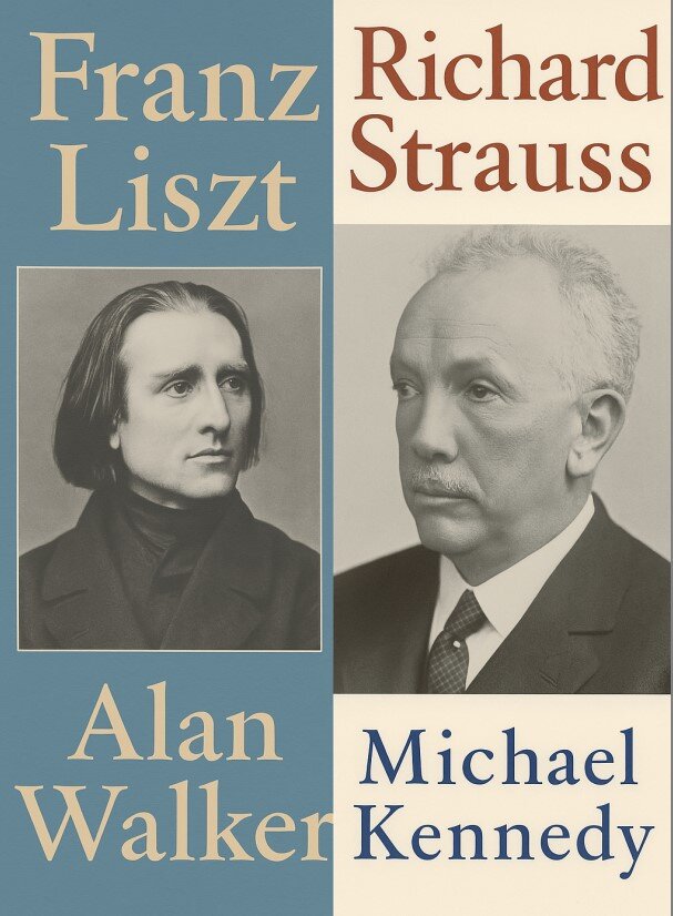 Ilustracja przedstawia okładki dwóch książek; są to: „Franz Liszt" Allana Walkera oraz Richard Strauss" autorstwa Michaela Keneddy'ego. Obie okładki są zaprojektowane według tego samego schematu: u góry tytuł, następnie zdjęcie postaci bohatera i na dole imię i nazwisko autora.