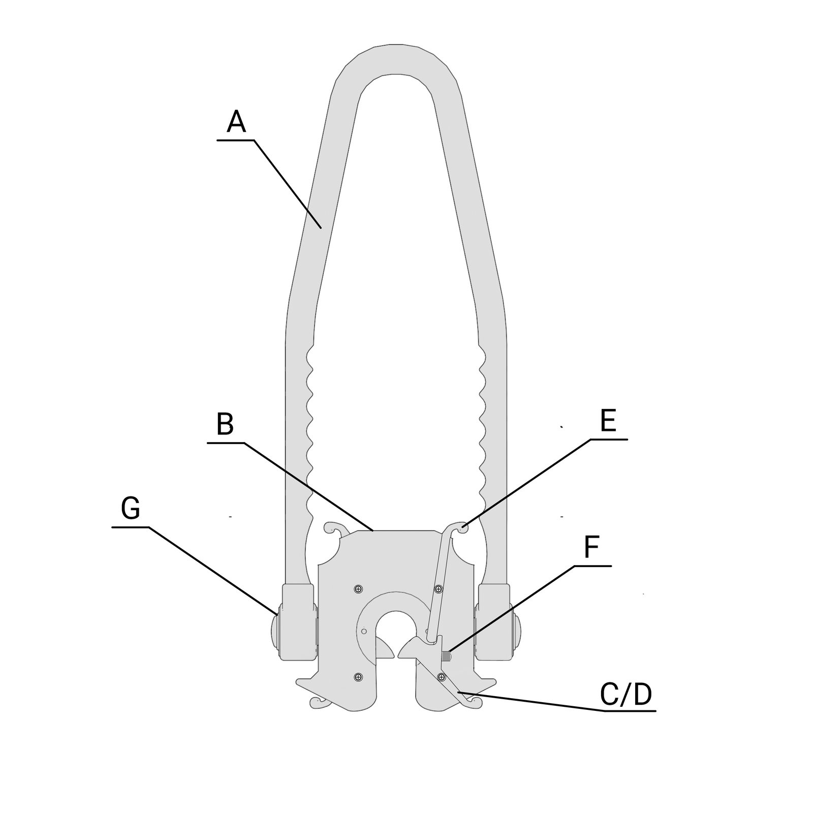 Na zdjęciu znajduje się schemat elewatora do żerdzi pompowych. Jest on w orientacji pionowej. Jego ramiona znajdują się u góry i są oznaczone literą A. Element A to chomąto. Ramiona u góry formują kształt łuku. Następnie idąc w dół rozszerzają się. W dolnej części ramiona stają się proste. Na prostych fragmentach są wyżłobione rowki na palce. U dołu pomiędzy ramionami znajduje się główny element elewatora. Ramiona są do niego przytwierdzone za pomocą pierścienia. Z lewej strony pierścień oznaczony jest literą G. Środkowy element jest oznaczony literą B. Jest to kadłub. Kadłub składa się z elementu podobnego do prostokąta. Dolna część jest zaokrąglona. Górna jest wydłużona do środka. W środku znajdują się dwie małe śrubki. Wystają z niego zapadki. Na przekroju widoczna jest mała rączka oznaczona literą E. Jest to dźwignia. Jest ona dołączona do górnej śrubki i wchodzi w rowek części C, D czyli zapadki, zwolnienia. Zapadka składa się z małej dźwigni u dołu. Po lewej stronie zapadki widać trójkąt z rowkiem. Obok rowka widoczny jest szary element o kształcie cylindra. Jest to sprężyna oznaczona literą F. Dolna śrubka oznaczona jest literą H. 