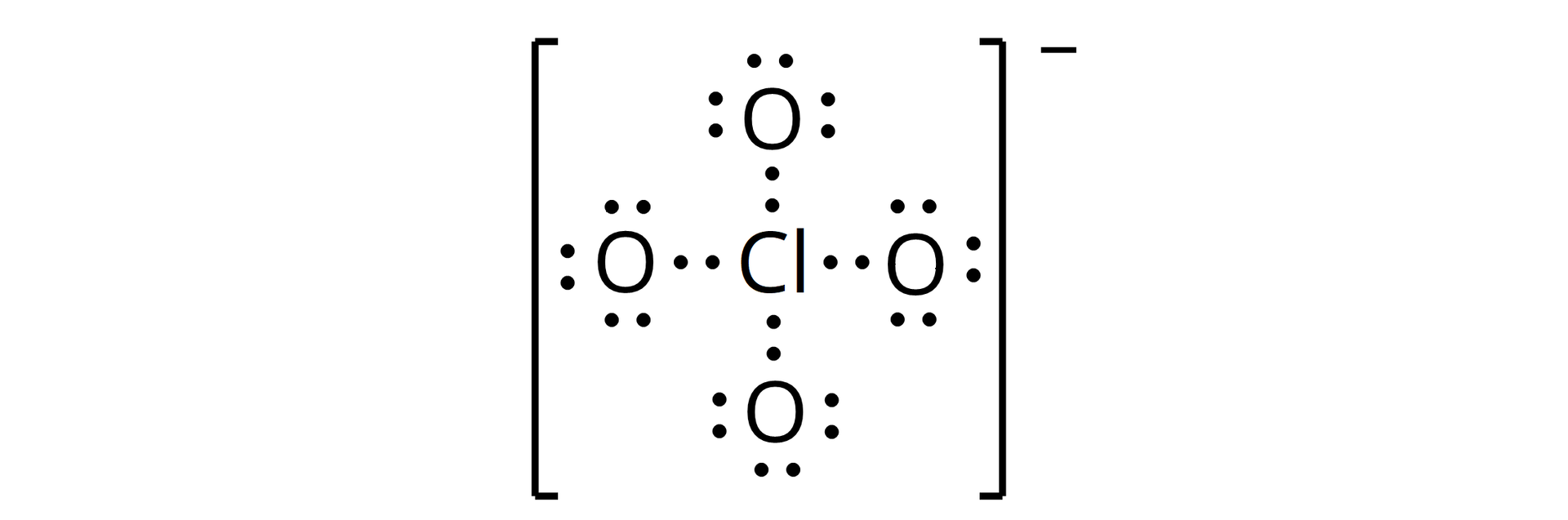 Ilustracja przedstawia wzór kropkowy anionu chloranowego<math aria‑label="siedem">VII. Wzór składa się z atomu chloru Cl. Pomiędzy nim a czterema atomami tlenu znajdują się po dwie kropki. Cztery wspomniane atomy tlenu O posiadają ponadto po trzy wolne pary elektronowe. Każdą parę stanowią dwie kropki, to znaczy przy każdym z trzech atomów znajduje się po sześć kropek reprezentujących elektrony.