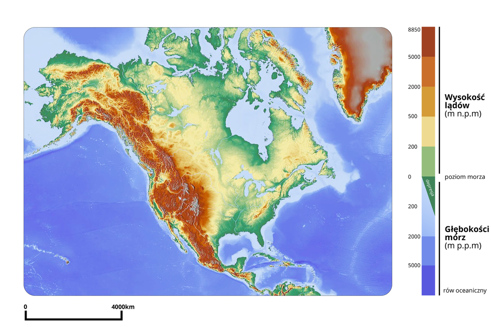Mapa Ameryki Północnej przedstawia wysokość terenu. Tereny od 500 do 8850 metrów nad poziomem morza znajdują się w pasie górskim w zachodniej części kontynentu. Tereny od 200 do 500 metrów nad poziomem morza znajdują się w centralnej i wschodniej części kontynentu. Tereny od 0 do 200 metrów nad poziomem morza znajdują się na wybrzeżach. Tereny do 2000 metrów pod poziomem morza znajdują się przy wybrzeżach we wschodniej części kontynentu. Głębokość od 2000 do 5000 morza osiągają na zachód od Ameryki Północnej.