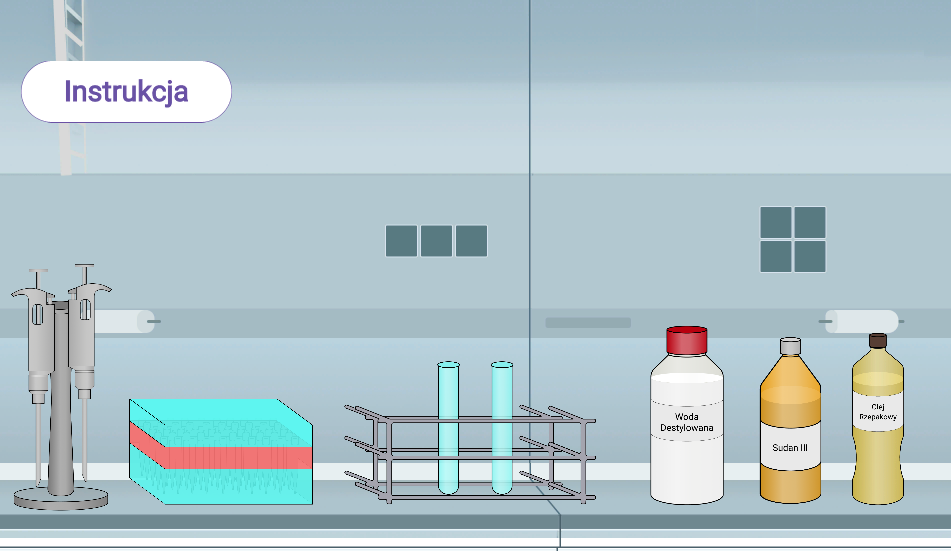 Ilustracja przedstawia ekran instrukcji w wirtualnym laboratorium. Znajduje się tu przycisk instrukcja oraz rysunek prezentujący fragment laboratorium z urządzeniami, probówkami, odczynnikami.