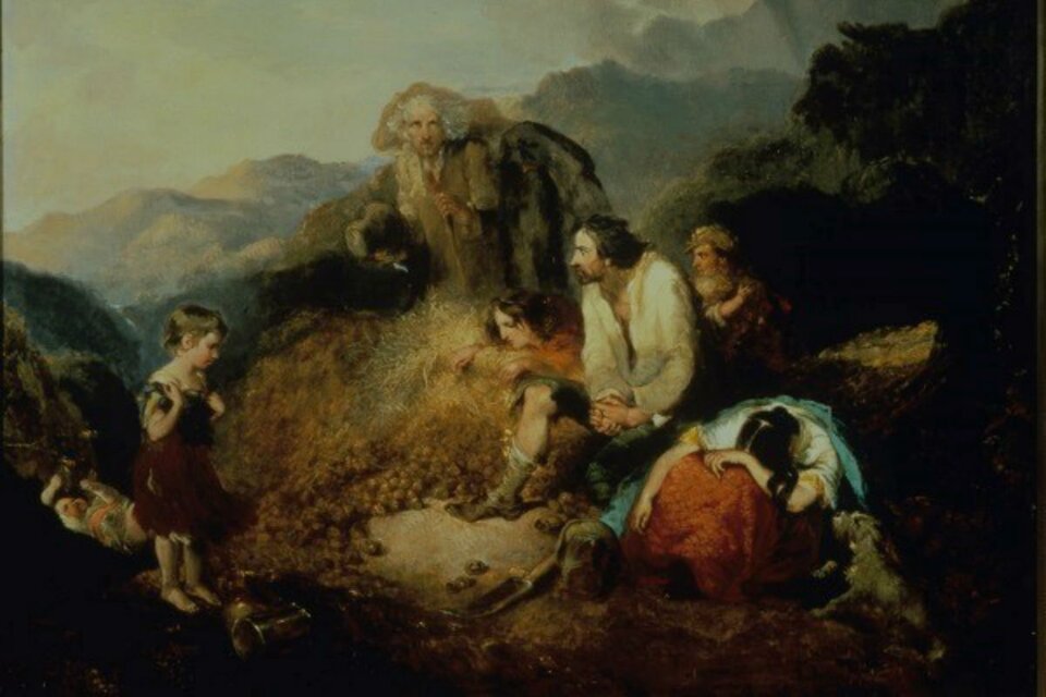 Na obrazie jest kilka osób - kobiety, mężczyźni, dziecko. Znajdują się na łonie natury. U ich stóp leżą ziemniaki. Kobieta po prawej stronie obrazu siedzi i wspiera pochyloną głowę na przedramieniu. Po lewej stronie obrazu stoi mała dziewczynka. Wszyscy ze smutkiem patrzą na rozsypane ziemniaki. W tle są góry.   