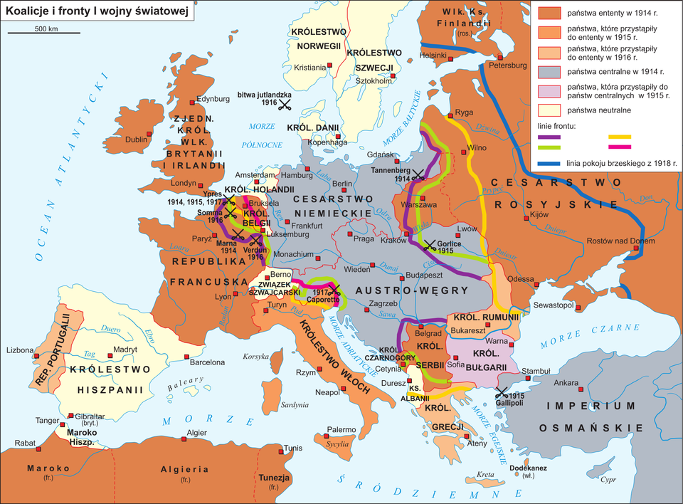 Mapa przedstawia koalicje i fronty I wojny światowej. Państwa ententy w 1914 roku: Rosja, Litwa, Łotwa, Estonia, Serbia, Tunezja, Maroko, Francja, Wielka Brytania. Państwa, które przystąpiły do ententy w 1914 roku: Francja, ZSRS, południowo- wschodnia Polska, Serbia, Wielka Brytania, Algieria, Maroko, Tunezja. Państwa, które przystąpiły do ententy w 1916 roku: Rumunia, Gracja, Portugalia. Państwa neutralne: Albania, Szwajcaria, Holandia, Dania, Szwecja, Norwegia. Państwa centralne w 1914:  Sojusznicy państw centralnych: Bułgaria, Turcja. Państwa ententy (koalicji): Rosja, Litwa, Łotwa, Estonia, Serbia, Tunezja, Maroko, Francja, Wielka Brytania. Państwa, które w czasie wojny przystąpiły do ententy: Rumunia, Włochy, Sycylia, Grecja, Portugalia. Państwa, które przystąpiły do ententy w 1915 roku:  Włochy. Państwa neutralne: Albania, Dania, Szwajcaria, Hiszpania, Szwecja, Norwegia.