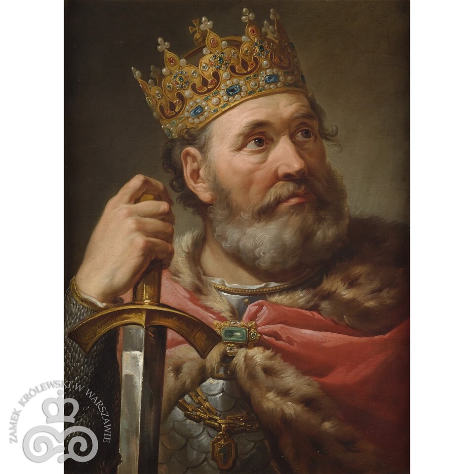 Ilustracja przedstawia portret autorstwa Marcello Bacciarelli ukazujący Bolesława Chrobrego w zbroi, na którą narzucony jest czerwony płaszcz, spięty klamrą. Na szyi króla, na złotym łańcuchu, zawieszony jest wisior z herbem. Prawa dłoń spoczywa na rękojeści miecza. 