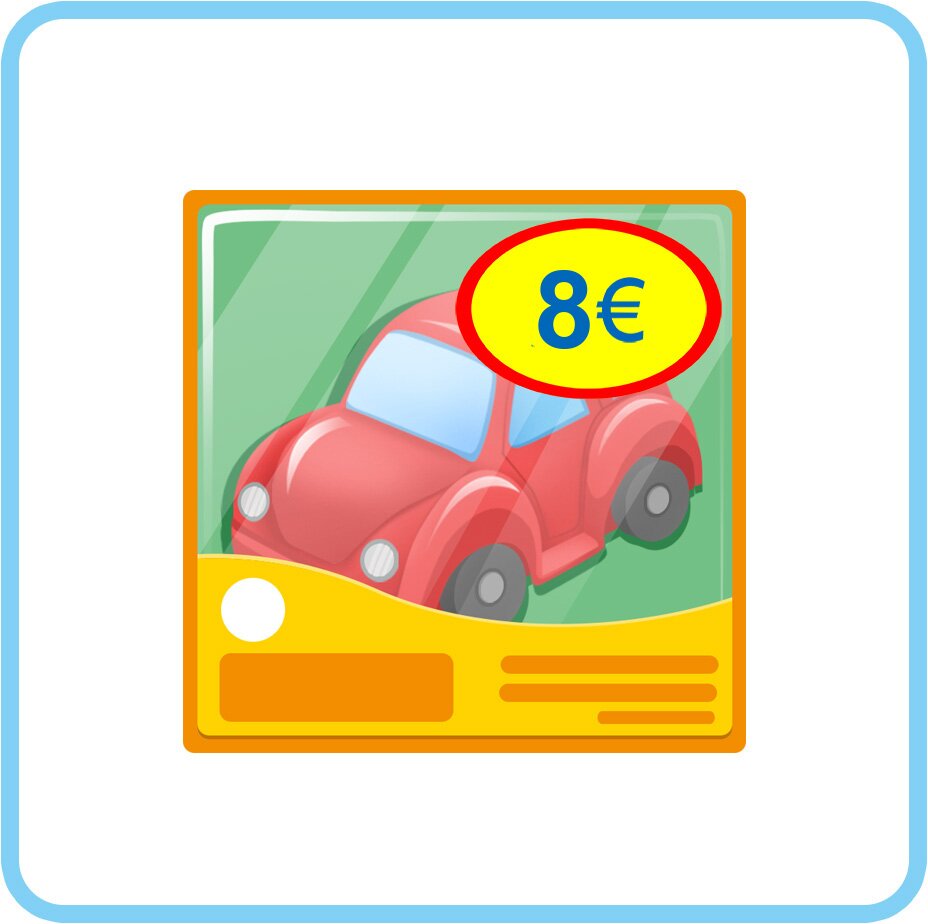 Ilustracja przedstawia pudełko, w którym jest czerwony samochodzik. Cena osiem euro