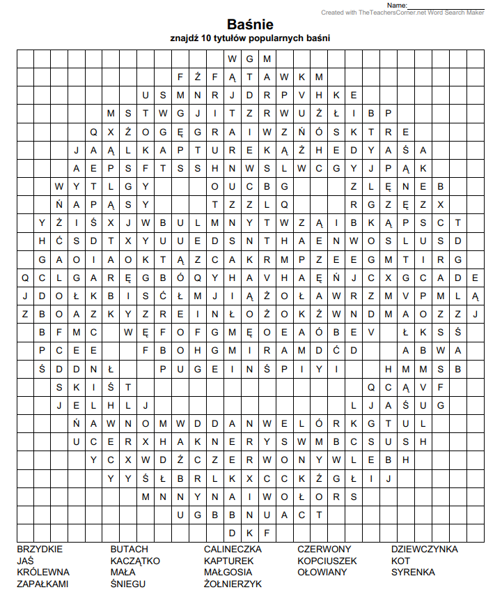 Czarno‑biały zrzut ekranu z aplikacji do tworzenia wykreślanek. Prawie całą przestrzeń zajmuje siatka podzielona na takiej samej wielkości kwadraty. W niektórych kratkach wpisano litery, tworzą one wzór uśmiechniętej buzi. Nad wykreślanką napis: Baśnie, znajdź 10 popularnych baśni. Pod nią w pięciu kolumnach wyrazy z tytułów baśni: w pierwszej kolumnie: brzydkie, Jaś, królewna, zapałkami; w drugiej: butach, kaczątko, mała, śniegu, w trzeciej: Calineczka, kapturek, Małgosia, żołnierzyk, w czwartek: czerwony, kopciuszek, ołowiany, w piątej: dziewczynka, kot, syrenka.