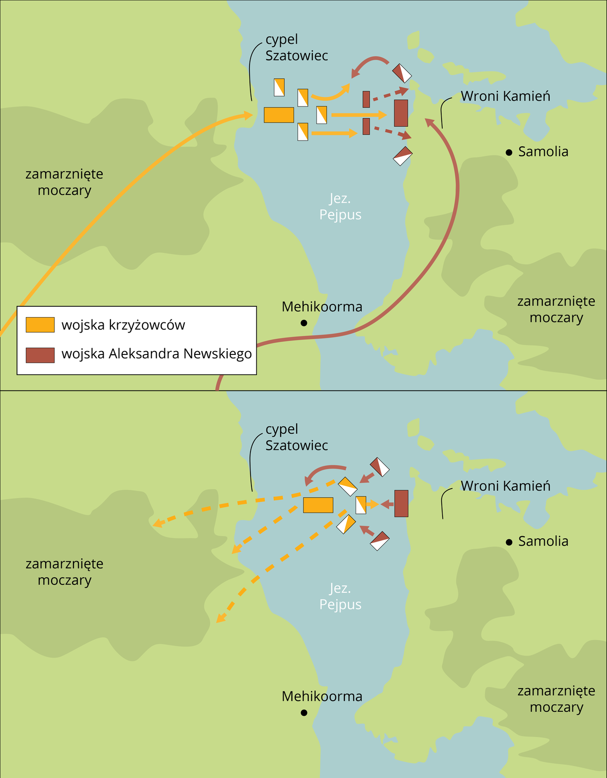 Ilustracja przedstawia mapę bitwy na jeziorze Pejpus. Wojska krzyżowców przedostały się do jeziora Pejpus od strony południowo - zachodniej przez zamarznięte moczary i cypel Szatowiec. Wojska Aleksandra Newskiego przeszły obok Mehikooma, przez jezioro, od południa w kierunku północnym. Wojska minęły Samolię i Wroni Kamień. Następnie wojska krzyżowców cofnęły się na zachód, na zamarznięte moczary.