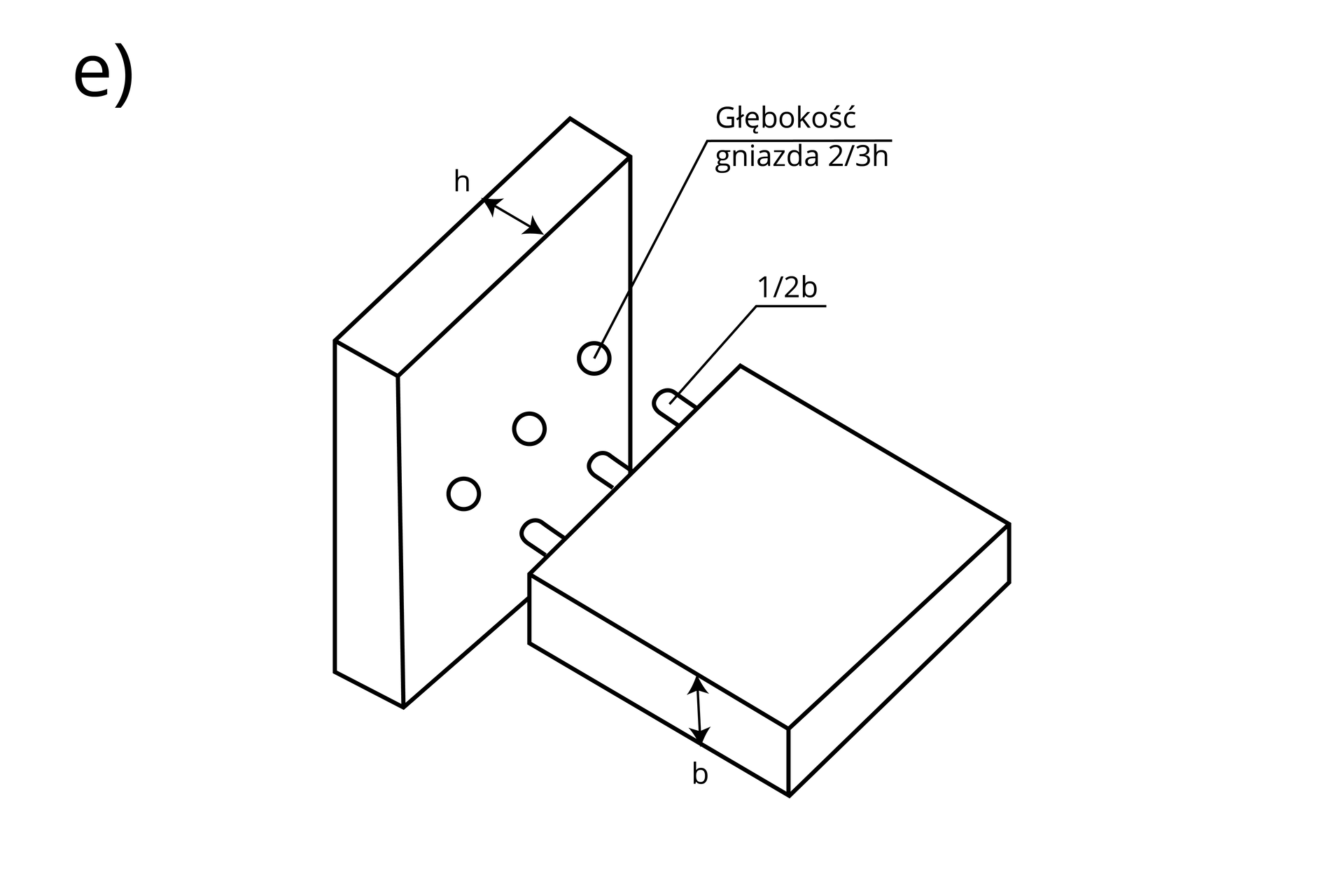 Grafika ukazuje złącze półkrzyżowe kołkowe. Pośrodku jednego elementu wycięte są trzy okrągłe gniazda na głębokość dwóch trzecich grubości. W drugim elemencie znajdują się trzy kołki.