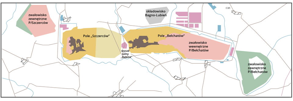 Ilustracja przedstawia mapkę z lokalizacją odkrywek Bełchatów i Szczerców. Po lewej stronie mapy jest zwałowisko zewnętrzne P/Szczerców. Nieco poniżej niego po prawej stronie są jest Pole Szczerców. Obok tego pola jest duży obszar Pola Bełchatów. Po jego prawej stronie jest zwałowisko wewnętrzne P/Bełchatów. Pomiędzy polami Szczerców i Bełchatów zaznaczono wysad solny Dębina. Nad polem bełchatowskim jest składowisko Bagno‑Lubień. Po prawej stronie na dole od zwałowiska wewnętrznego P/Bełchatów jest zwałowisko zewnętrzne P/Bełchatów.   