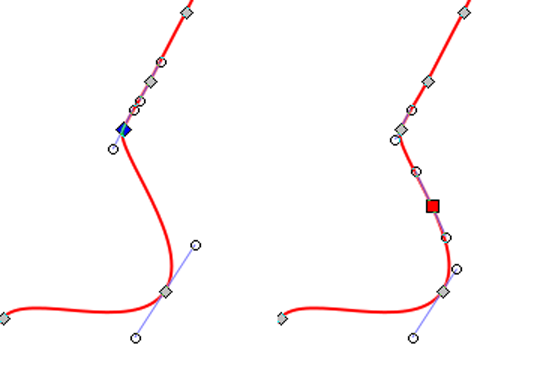 Na ilustracji widoczne są dwie grafiki przedstawiające fragment krzywej. Na pierwszym fragmencie widoczne jest pięć punktów. Na drugim fragmencie dodany został dodatkowy punkt, jest on zaznaczony na kolor czerwony.