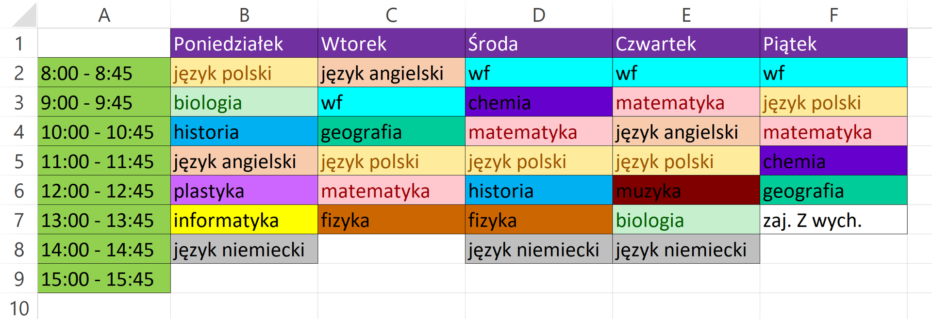 Zrzut ekranu przedstawia przykładowe rozwiązanie zadania. Znajduje się na nim tabela z planem lekcji, gdzie każdy przedmiot jest wyróżniony w inny sposób.