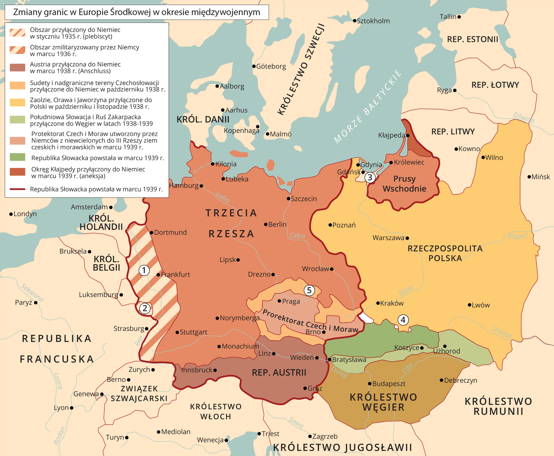 Mapa Europy. Prezentuje zmiany granic w Europie Środkowej w okresie międzywojennym. Zagłębie Saary przyłączone do Niemiec w styczniu 1935 r. (plebiscyt). Nadrenia zmilitaryzowana przez Niemcy w marcu 1936 r. Austria przyłączona do Niemiec w marcu 1938 r. (Anschluss). Sudety i nadgraniczne tereny Czechosłowacji przyłączone do Niemiec w październiku 1938 r. Zaolzie, Orawa i Jaworzyna przyłączone do Polski w październiku i listopadzie 1938 r. Południowa Słowacja i Ruś Zakarpacka przyłączone do Węgier w latach 1938–1939. Protektorat Czech i Moraw utworzony przez Niemców z niewcielonych do III Rzeszy ziem czeskich i morawskich w marcu 1939 r. Okręg Kłajpedy przyłączony do Niemiec w marcu 1939 r. (aneksja). Republika Słowacka powstała w marcu 1939 r.