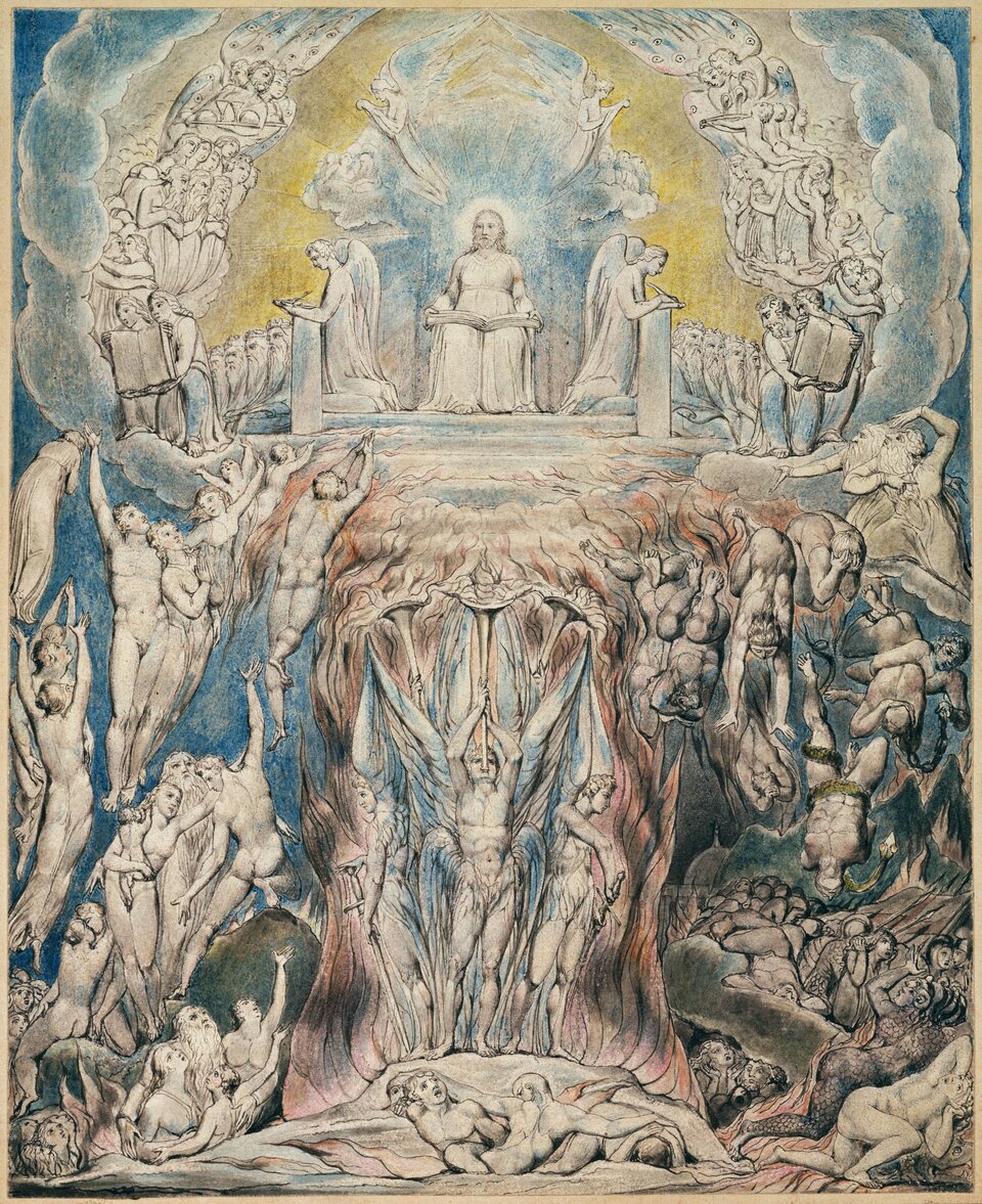 Ilustracja przedstawia pracę Williama Blake’a „Dzień Sądu Ostatecznego". Ilustracja przedstawia centralną postać siedzącą na dużym tronie, umieszczonym w górnej części kompozycji. Postać ma wyprostowaną sylwetkę i rozłożone ramiona. Po obu stronach tronu stoją anioły o jasnych skrzydłach. Poniżej, w dolnej części obrazu, widoczne są liczne postacie ludzkie stojące lub klęczące, zwrócone ku górze. Ich sylwetki są drobniejsze i tworzą półkolisty układ wokół centralnej figury. Tło jest jasne, z miękkimi przejściami kolorów, przypominającymi świetlistą mgłę. Cała scena ma wyraźny podział: dominująca postać na tronie u góry, a poniżej skupiona grupa ludzi i aniołów.