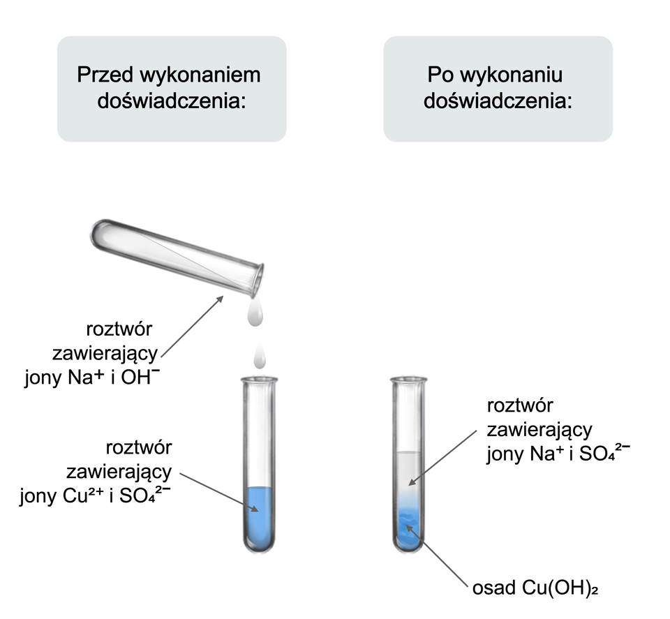 Schemat doświadczenia. Z lewej strony grafiki ukazany jest stan przed wykonaniem doświadczenia. Do probówki zawierającej niebieski roztwór, w którym znajdują się kationy miedzi dwa i aniony siarczanowe sześć. Do niebieskiego roztworu dodawany jest bezbarwny roztwór zawierający kationy sodu i jony wodorotlenkowe. Z prawej strony grafiki przedstawiony jest stan po wykonaniu doświadczenia. W probówce znajduje się niebieski, galaretowaty osad wodorotlenku miedzi dwa. Roztwór nad osadem jest bezbarwny. Zawiera kationy sodu i aniony siarczanowe sześć.