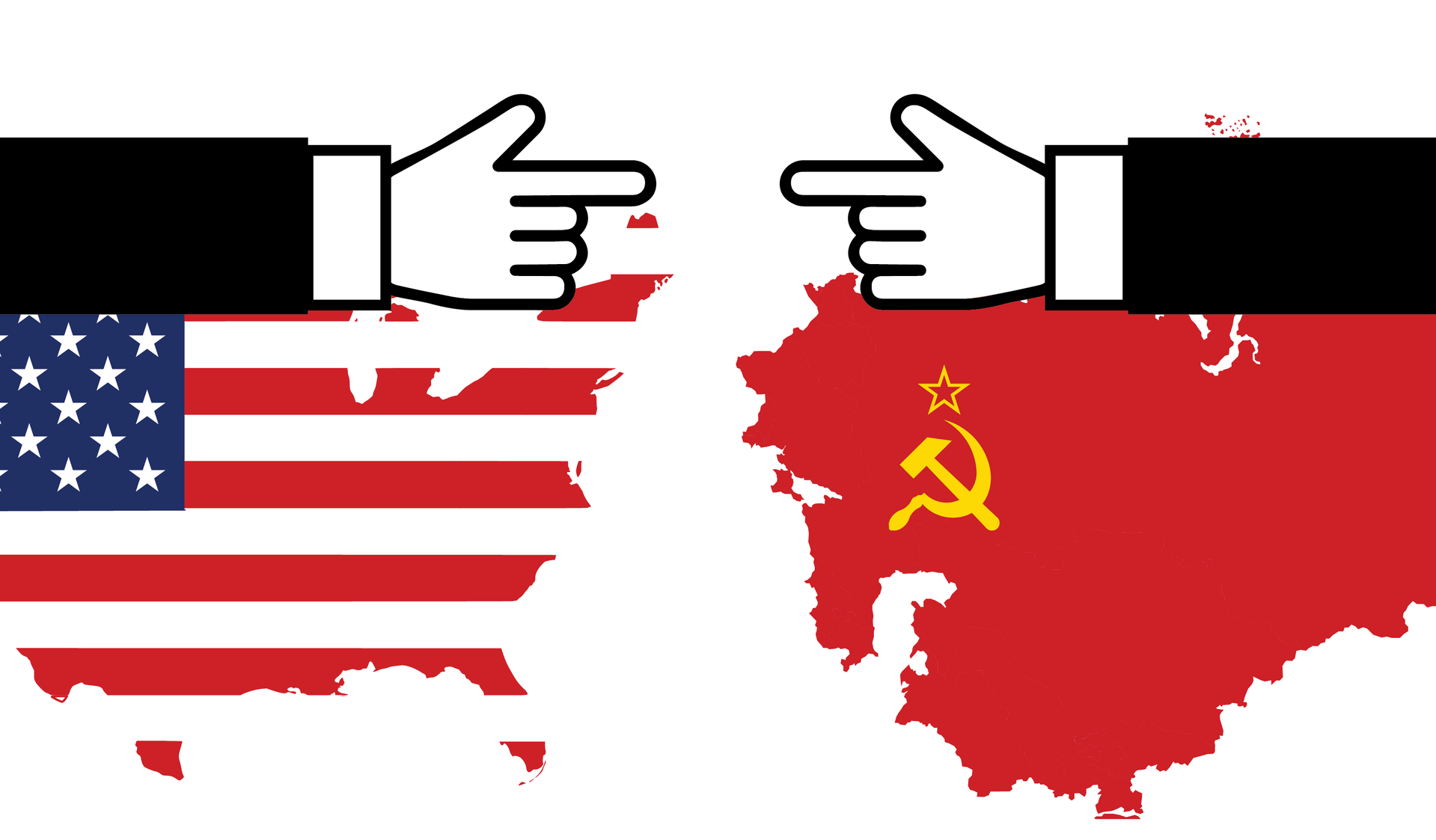 Grafika przedstawia obszar USA (lewa strona obrazu) oraz obszar ZSRS (prawa strona obrazu). Kontur każdego z państw wypełniony jest flagą państwową. Ze strony USA i ZSRS widać wyciągniętą dłoń ze wskazującym palcem, tak jakby każde z państw wskazywało na państwo przeciwne.