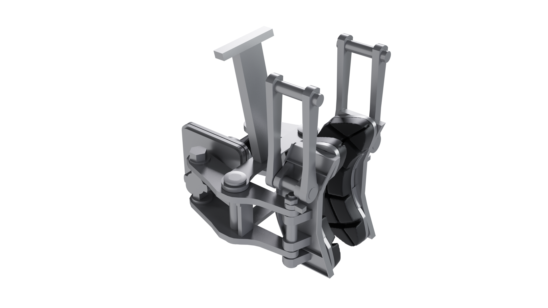 Ilustracja przedstawia zacisk hamulcowy początek nawiasu układ dźwigniowy koniec nawiasu. Grafika pokazuje umiejscowienie dwóch okładzin ciernych – umiejscowione są po wewnętrznej stronie zacisku hamulcowego. Do okładzin ciernych przymocowane są dwa ramiona mające na celu regulowanie siły nacisku.